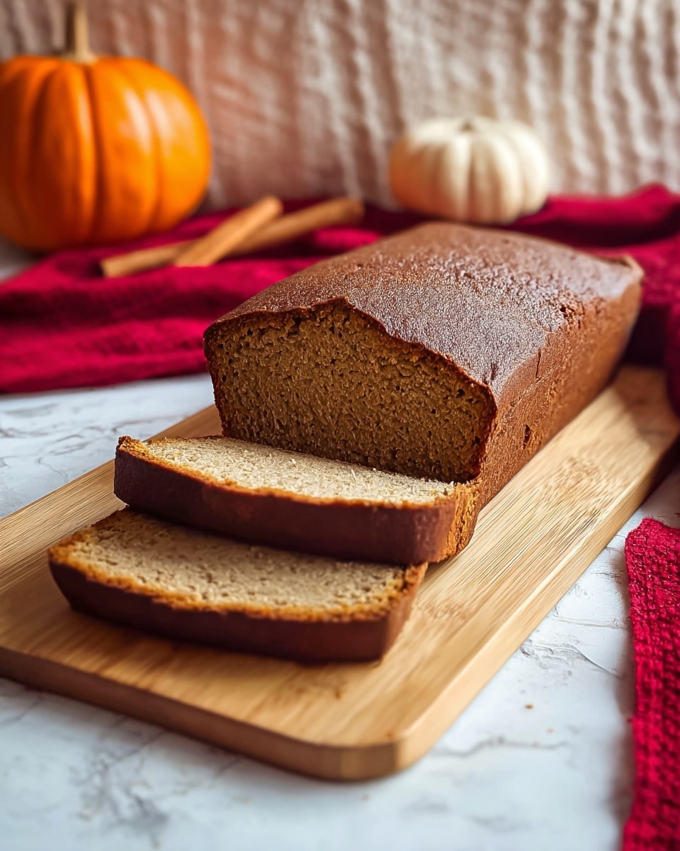 A rectangular loaf of brown bread rests on a wooden cutting board placed on a white marbled surface, with three thick slices cut and slightly fanned out in front. The bread has a deep brown crust with a soft, light brown interior that looks dense and moist. In the background, a small pumpkin and cinnamon sticks add a warm, autumn feel along with a red cloth and a white textured napkin. photo taken with an iphone --ar 4:5 --v 7