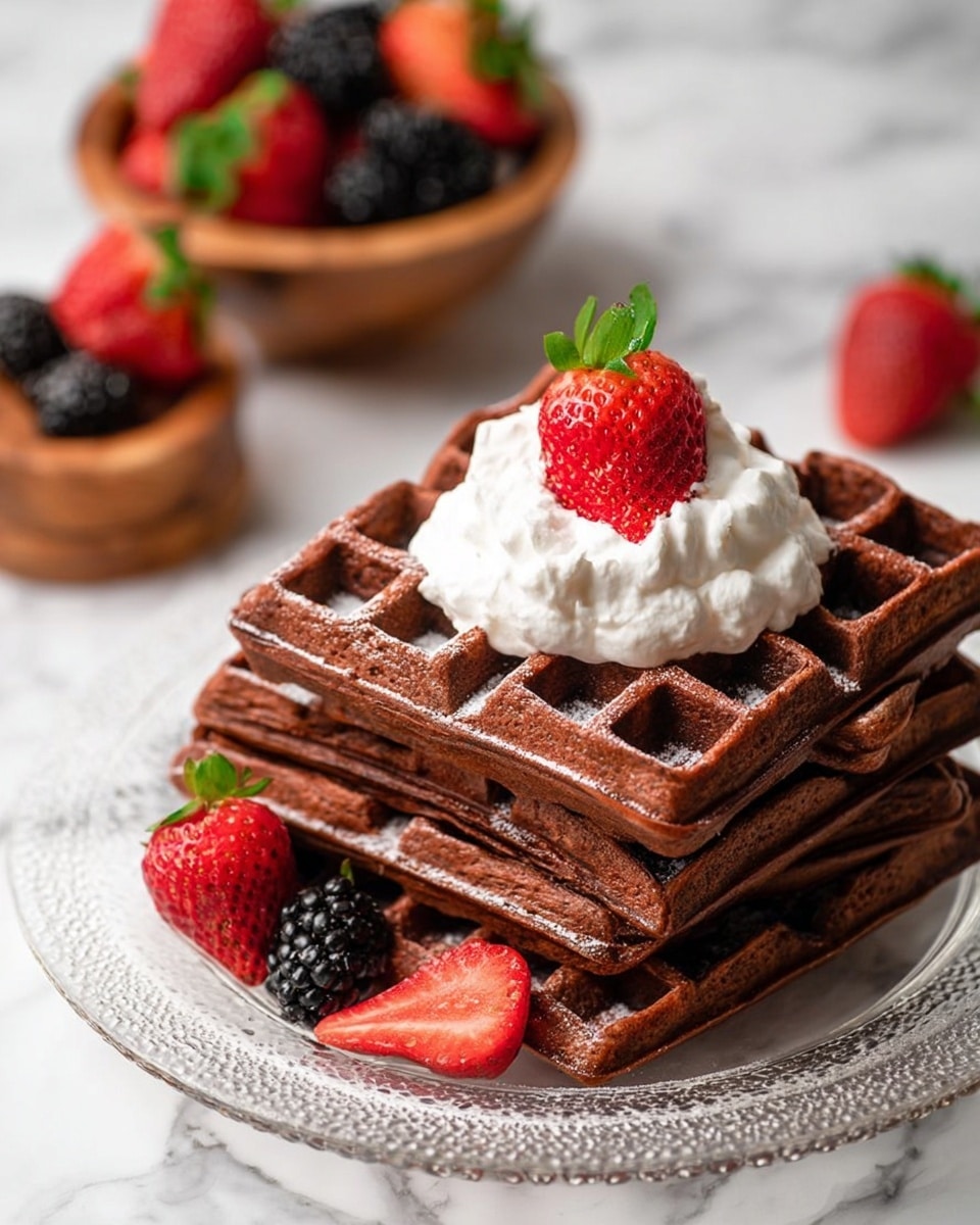 A stack of four thick, square chocolate waffles sits in the center of a clear glass plate with a detailed edge. The waffles are dark brown and cooked with deep grid patterns. On top of the stack is a generous dollop of white whipped cream, crowned with a fresh, bright red strawberry with a green leaf. Around the plate, a few more strawberries and blackberries add color. In the background, a wooden bowl holds additional strawberries and blackberries on a white marbled surface. photo taken with an iphone --ar 4:5 --v 7