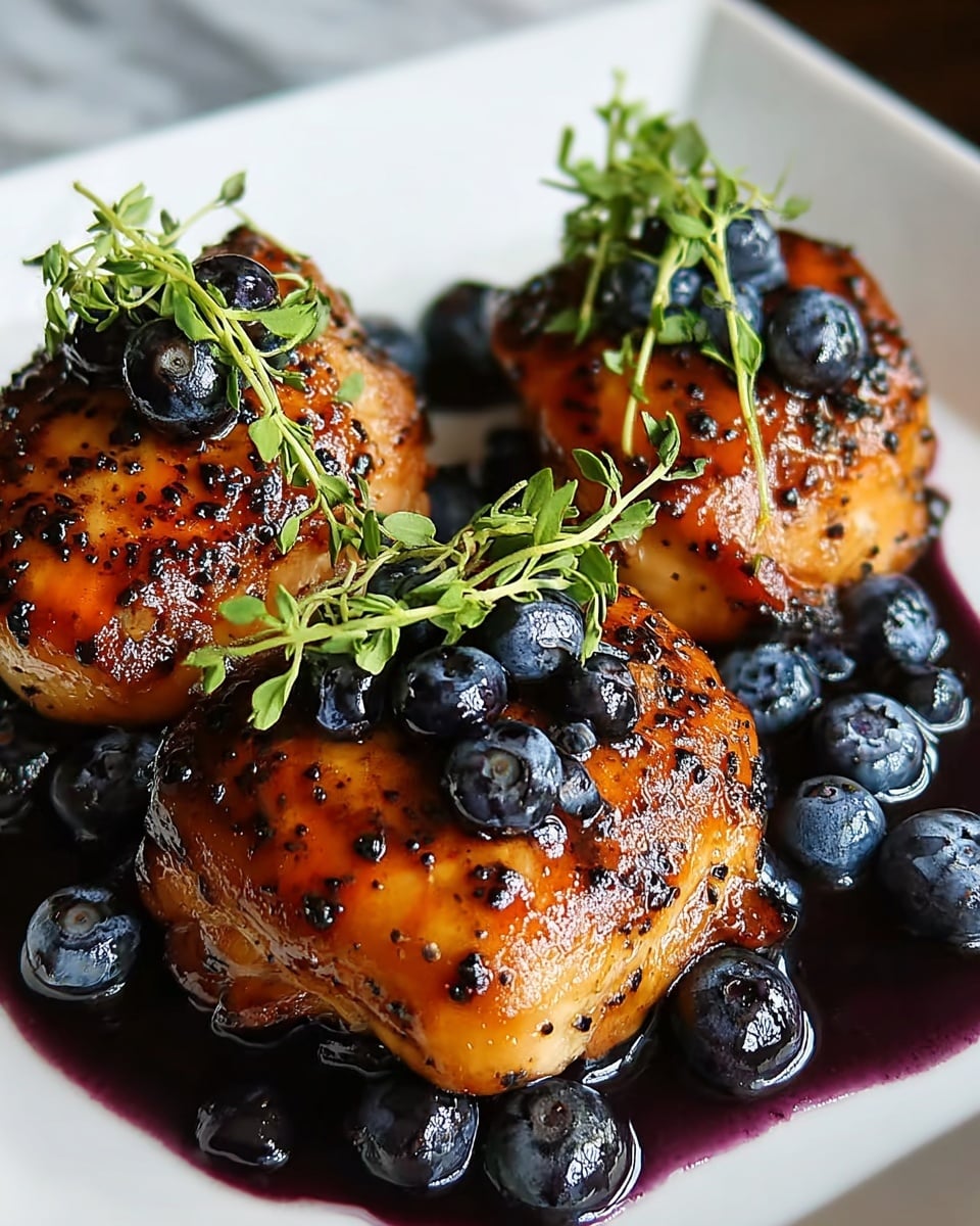 Three grilled chicken pieces are placed on a white plate, each with a glossy, caramelized brown surface speckled with black pepper. The chicken is topped with fresh green herb sprigs and shiny, dark blue blueberries. Around the chicken pieces, there are extra blueberries sitting in a pool of dark purple-blue sauce that adds a rich contrast to the warm tones of the chicken. The plate rests on a white marbled surface. photo taken with an iphone --ar 4:5 --v 7