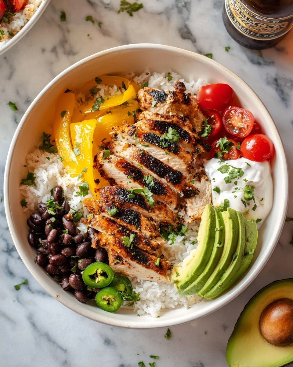 The dish is presented in a white round bowl filled with a base layer of fluffy white rice. On top of the rice, there is a central layer of grilled chicken breast, sliced into several pieces, with a nicely charred, golden-brown surface. To the left of the chicken, there are bright yellow grilled bell pepper strips adding a soft texture and color contrast. Scattered around the chicken and over the rice are small dark black beans and chopped green jalapeño slices, giving some spice and visual interest. On the right side, there are halved shiny red cherry tomatoes placed over a dollop of smooth white sour cream, which is also seen peeking from beneath the chicken. At the bottom right, three fresh green avocado slices with a creamy look are placed, contributing fresh color and softness. The dish is garnished with chopped cilantro on top, enhancing the fresh and colorful look. The bowl sits on a white marbled surface, and a bottle of beer is partially visible to the upper right. Photo taken with an iphone --ar 4:5 --v 7