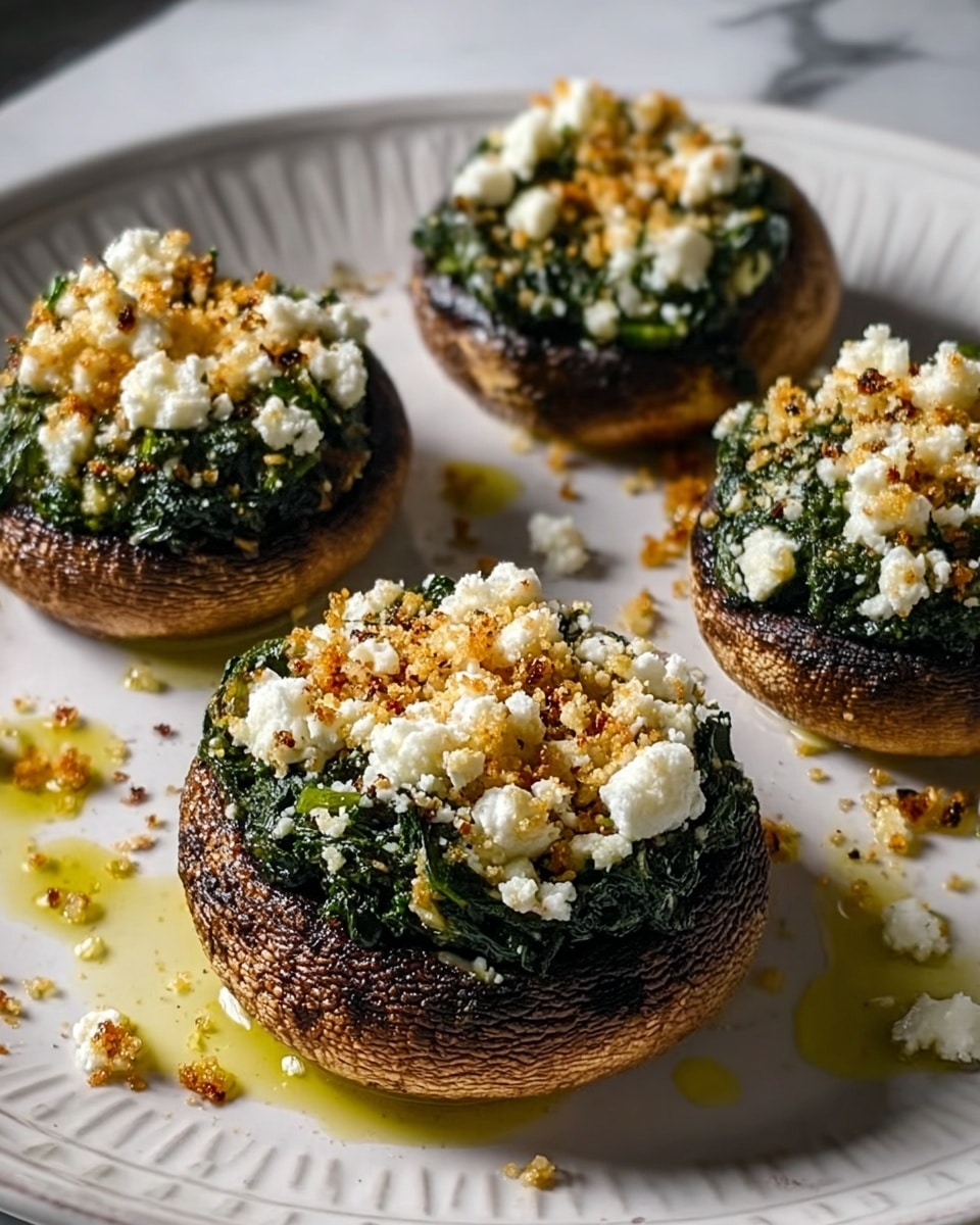Four stuffed mushrooms are placed on a white plate with a subtle patterned edge. Each mushroom has three layers: the bottom layer is a dark brown mushroom cap with a textured surface, the middle layer is a bright green, finely chopped spinach mixture, and the top layer is crumbled white cheese with golden toasted breadcrumbs scattered over it. Some golden oil droplets are visible on the plate around the mushrooms, and a few crumbs are scattered near them. The background features a white marbled texture. photo taken with an iphone --ar 4:5 --v 7