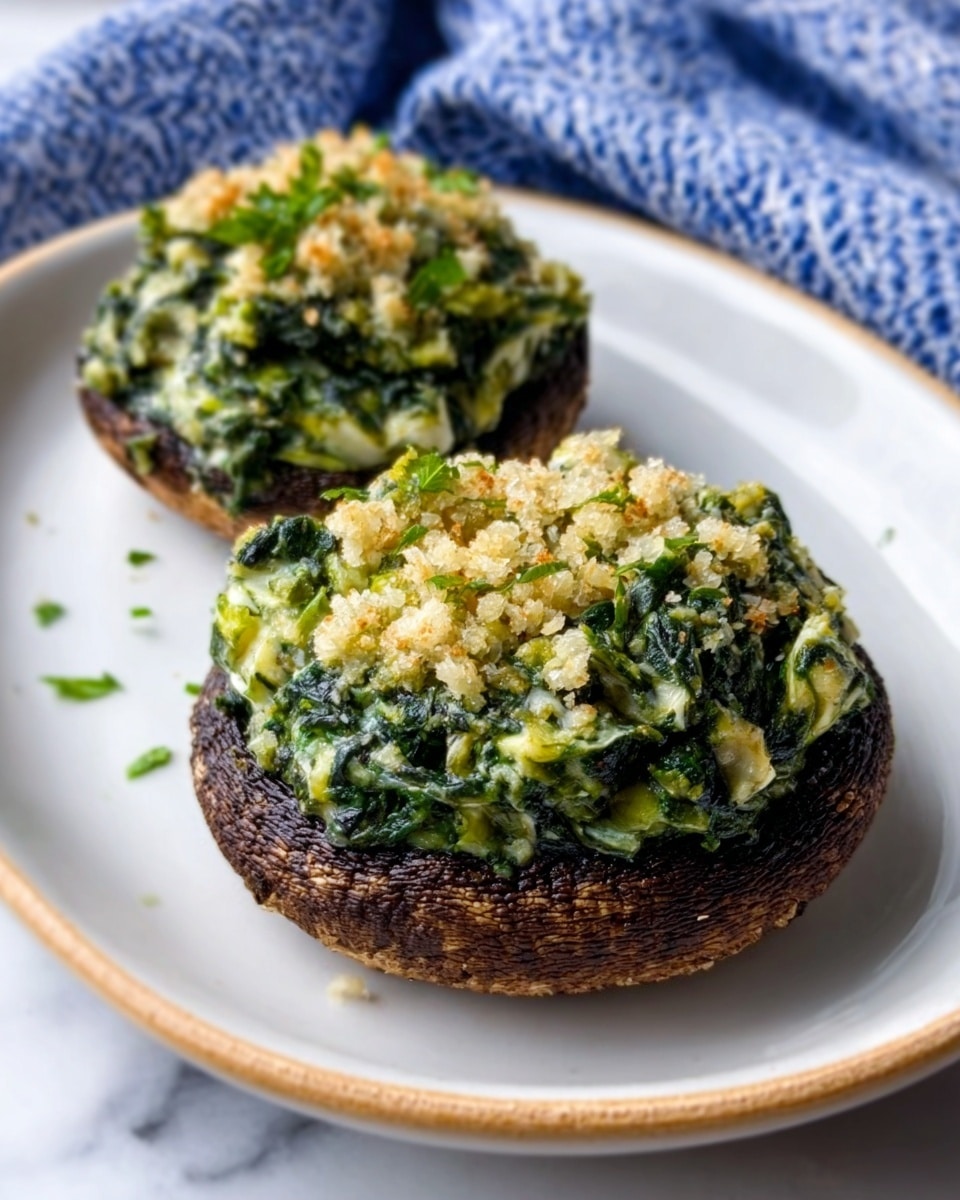 Two stuffed portobello mushrooms sit on a large white plate placed on a white marbled surface. Each mushroom has a thick, dark brown base cap, filled with a vibrant green mixture that looks like chopped spinach and herbs. On top of the green layer, there is a crumbly, grainy light beige topping that appears toasted or baked, giving a crunchy texture. The mushrooms are placed slightly apart, showing the open filled tops clearly. In the background, a blue and white cloth partially covers the surface. photo taken with an iphone --ar 4:5 --v 7