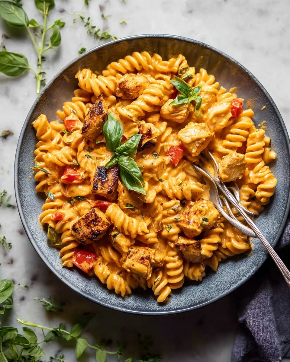 The dish is served in a deep, round white bowl filled with short, ridged, spiral-shaped pasta coated in creamy orange sauce. Mixed in are chunks of grilled chicken with a browned, slightly charred surface, and small pieces of red bell pepper spread throughout, adding bursts of bright red color. On top, there are fresh green basil leaves as a garnish. A silver spoon and a silver fork are placed in the bowl, resting on the pasta. The background shows a white marbled texture and some scattered small green leaves. Photo taken with an iphone --ar 4:5 --v 7
