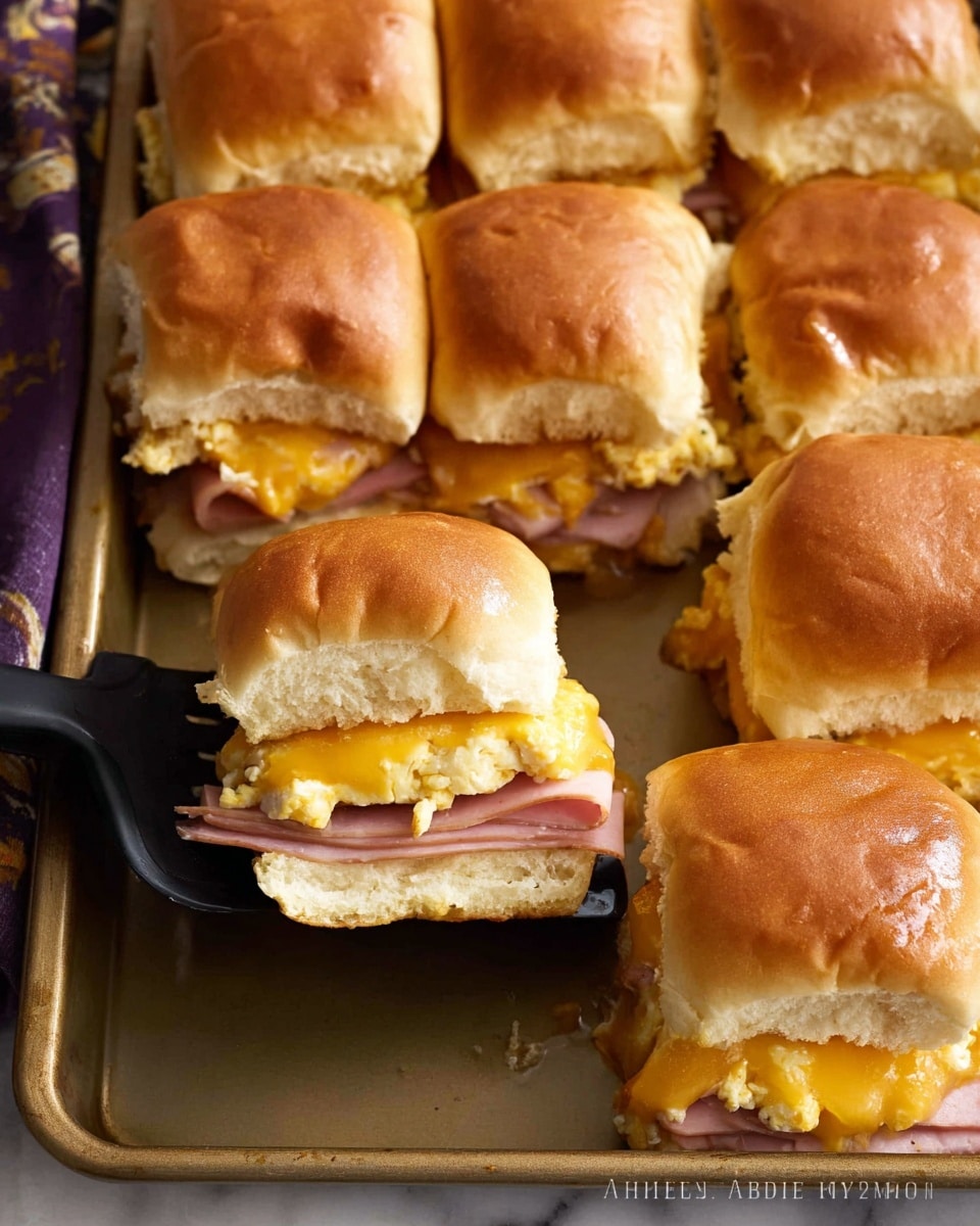 A close-up view of nine slider sandwiches arranged closely on a cooking tray, each made with soft, golden brown sandwich buns that are slightly shiny on top. Each slider has three visible layers: the top bun, a middle layer of melted yellow cheese mixed with creamy scrambled eggs, and a layer of sliced ham showing a pinkish hue. The bottom bun supports the layers, looking soft and slightly toasted. The melted cheese oozes slightly out from the sides, and a black handled spatula is slipping under one of the sliders, ready to lift it. The surface beneath the tray is a white marbled texture. photo taken with an iphone --ar 4:5 --v 7