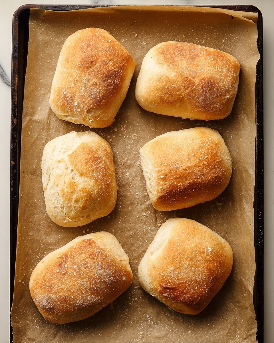 Six golden brown bread rolls with a light, crusty texture are placed on a black cooling rack that sits on a white and grey striped cloth. The rolls have a slightly uneven shape and are dusted with a few patches of flour. The background shows a white marbled surface partly visible around the edges. Photo taken with an iphone --ar 4:5 --v 7