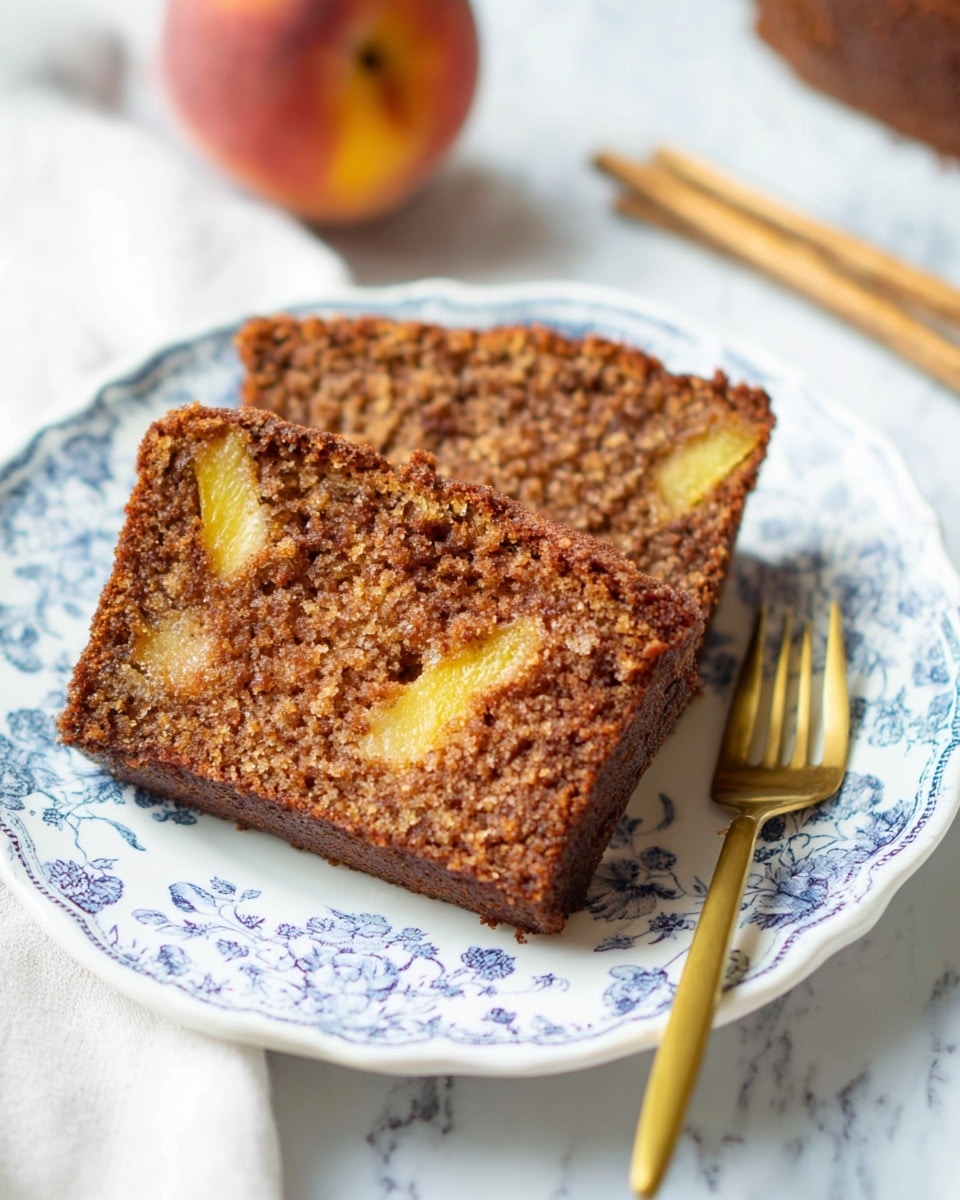 Two slices of moist brown cake with a crumbly texture and visible yellow fruit pieces are placed side by side on a white plate with blue floral patterns. The plate has a scalloped edge and sits on a white marbled surface. A gold fork lies near the cake slices. In the background, a whole peach and a pair of wooden chopsticks are slightly blurred, adding color contrast. photo taken with an iphone --ar 4:5 --v 7