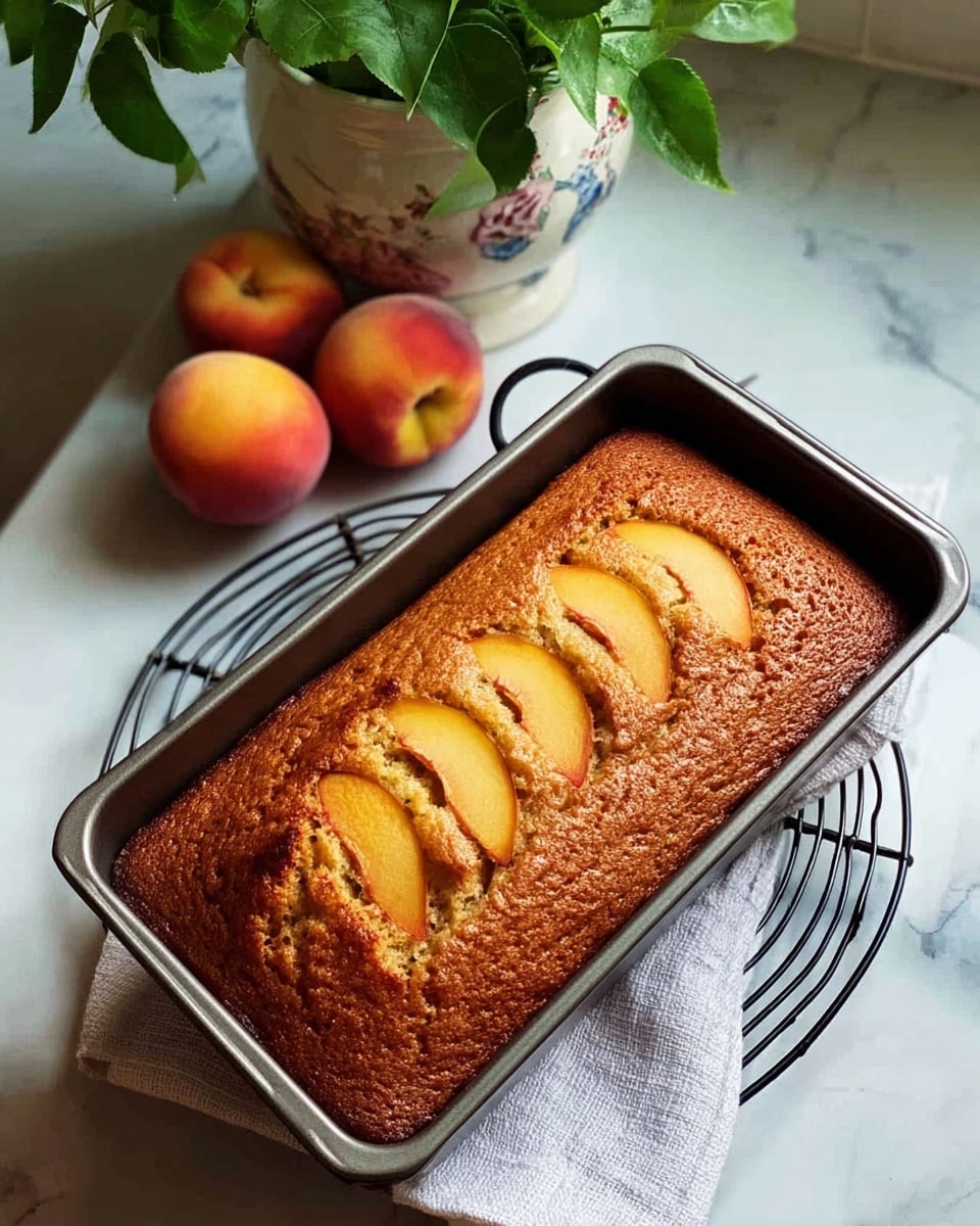 A freshly baked rectangular golden-brown cake in a dark metal loaf pan, with a slightly cracked top layer featuring five thinly sliced peach pieces arranged in a neat line down the center. The cake has a moist texture and warm color, resting on a black wire cooling rack over a white cloth. In the background, on a white marbled surface, there is a decorative white pot with green leaves and three whole peaches with yellow and red shades placed beside it. photo taken with an iphone --ar 4:5 --v 7
