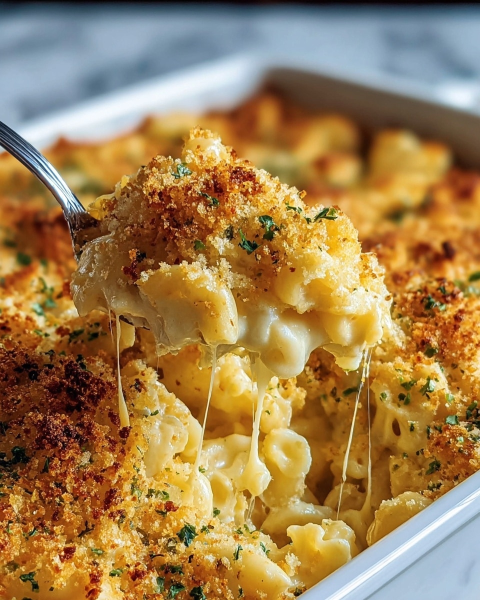 A close-up of creamy baked macaroni and cheese with a golden brown crumb topping. The dish has one visible layer: elbow macaroni coated in thick melted cheese, stretching with gooey cheese strings as a spoon lifts a portion from the white plate. The top layer shows a crispy, browned breadcrumb crust with small green herbs scattered across. The background is a white marbled texture. photo taken with an iphone --ar 4:5 --v 7