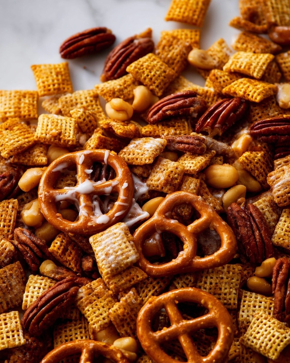 This close-up image shows a mix of snack pieces with a rough texture. There are three main types of pieces: golden brown pretzels shaped like wheels with smooth, shiny surfaces and some white drizzle on them; crunchy, square cereal pieces with a light brown color and a woven, hollow texture; and dark, reddish-brown pecan halves with a ridged texture. The mix appears well coated with a glossy layer of seasoning giving it a warm, spicy brown color throughout. The snacks are spread out evenly over a white marbled texture, creating a rich, textured look. Photo taken with an iphone --ar 4:5 --v 7