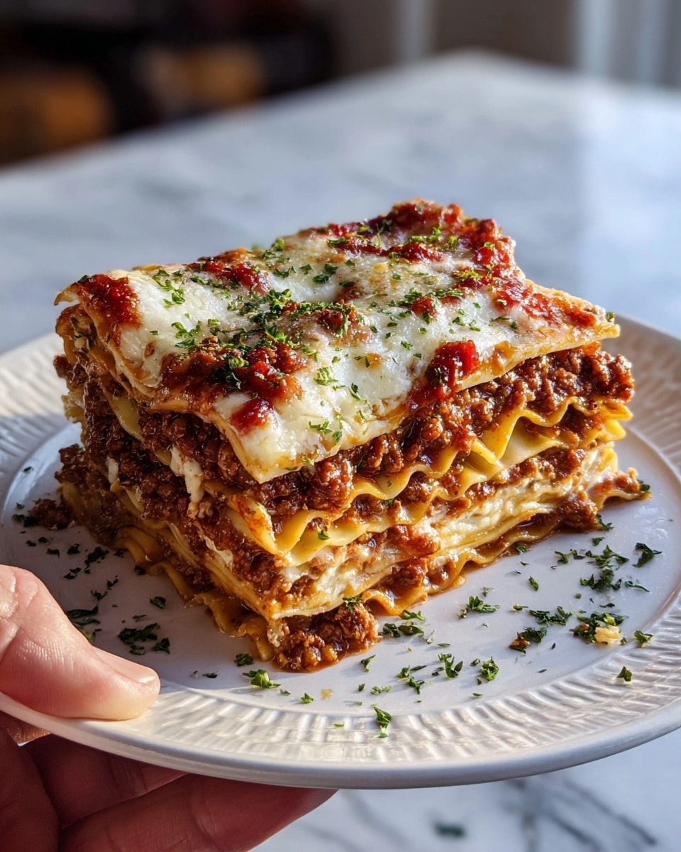 A thick slice of lasagna with four visible layers of wavy pasta sheets in pale yellow, alternating with three layers of brown, chunky meat sauce mixed with melted white cheese. The top layer is covered with golden-brown melted cheese, dotted with red sauce and sprinkled green herbs. The lasagna is held by a woman's hand on a white plate with a subtle pattern, all placed on a white marbled surface. Small green herb bits are scattered on the plate around the lasagna. photo taken with an iphone --ar 4:5 --v 7
