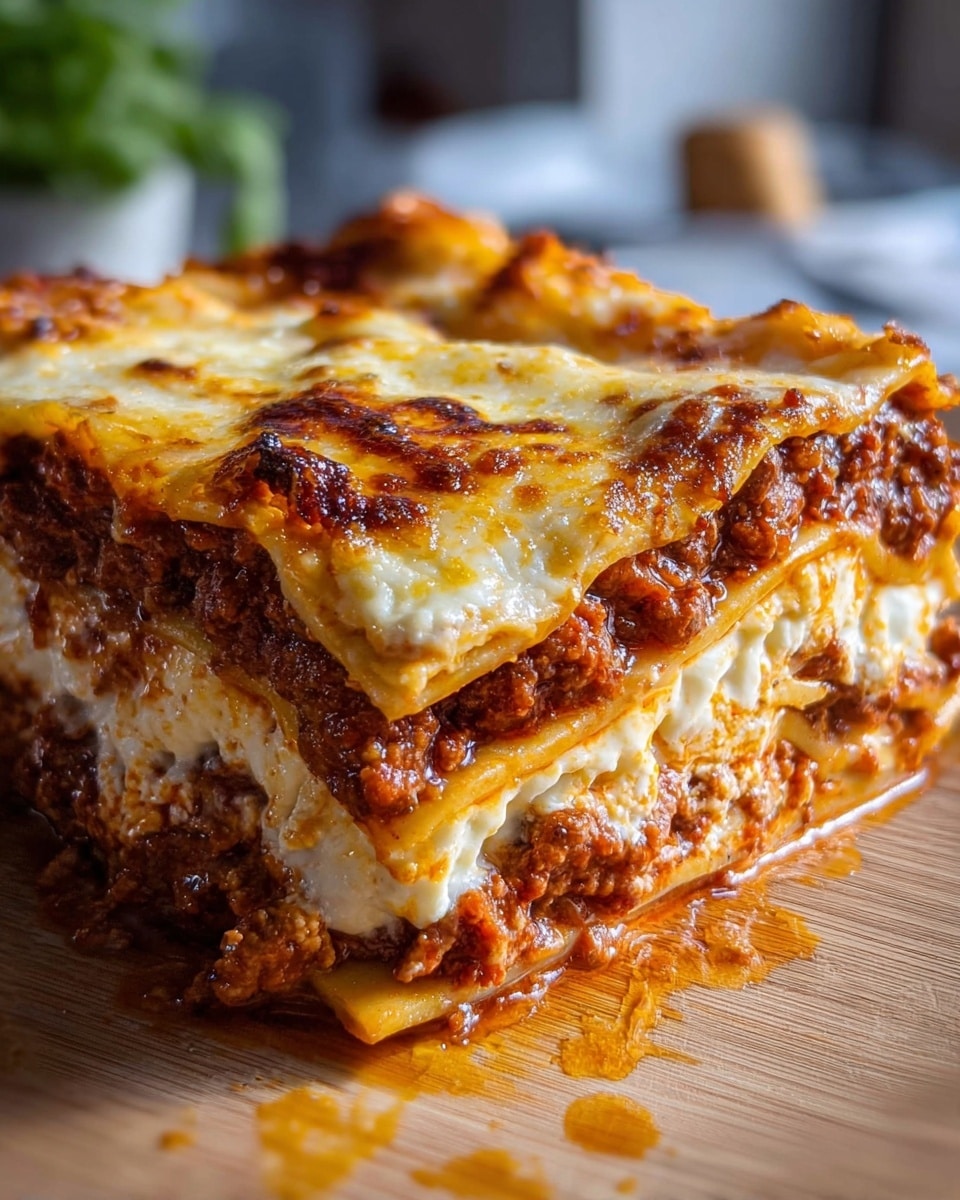 A close-up of a thick square piece of lasagna showing four clear layers, alternating between golden-brown baked cheese on top, rich red-brown meat sauce with a slightly chunky texture, smooth creamy white cheese layer, and light golden lasagna pasta sheets. The top has a bubbly, browned cheese layer with some darker spots. The lasagna sits on a wooden surface against a soft blurred background, with tiny drops of sauce around the edges. Photo taken with an iphone --ar 4:5 --v 7