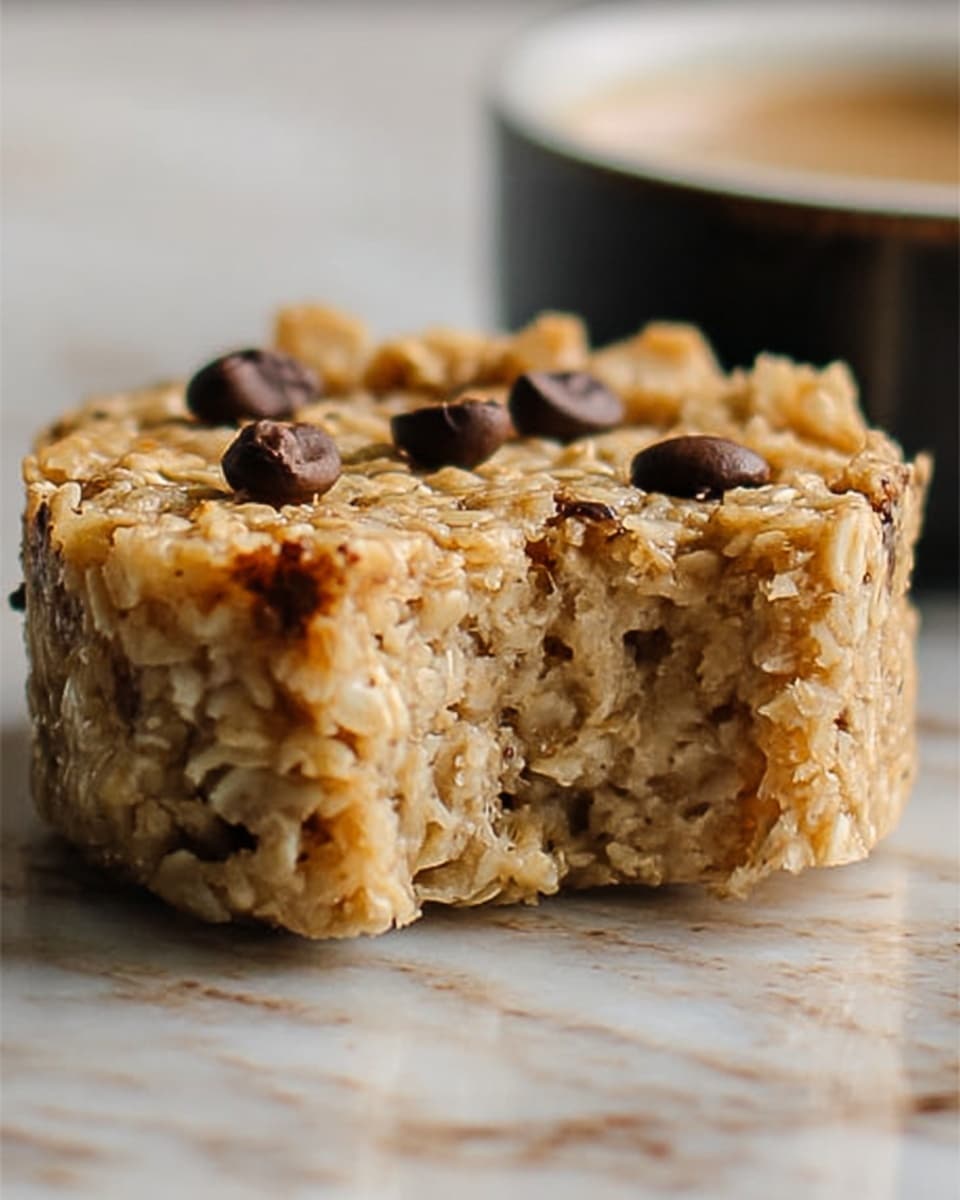 A thick, round oatmeal bar with a rough texture and visible oat flakes makes up the single layer of this dish. The oatmeal bar has a light beige color with subtle hints of golden brown. Small dark brown coffee beans are scattered lightly across the top, adding contrast. The bar has a bite taken out of the front showing its soft and chewy inside with the oat flakes clearly visible. The dish is set on a white marbled texture surface. photo taken with an iphone --ar 4:5 --v 7