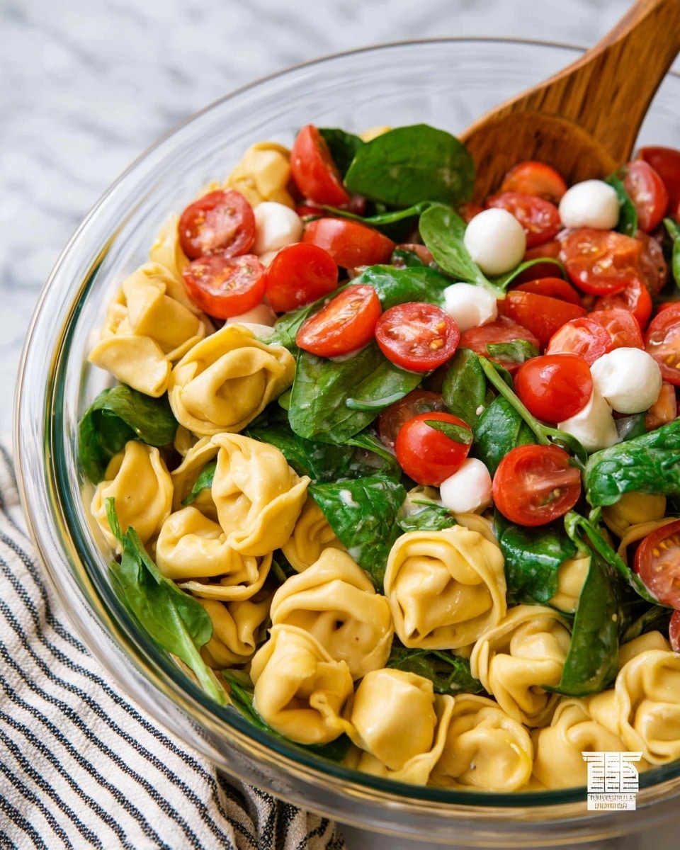 A clear glass bowl holds a colorful tortellini pasta salad with three main layers visible: the bottom layer of golden yellow tortellini pasta with smooth, curved shapes, the middle layer of leafy green spinach that adds a fresh touch, and the top layer of halved red cherry tomatoes and small white mozzarella balls scattered evenly. A wooden spoon rests inside the bowl on the right side, partially visible. The whole scene is set on a white marbled surface with a striped cloth nearby. photo taken with an iphone --ar 4:5 --v 7