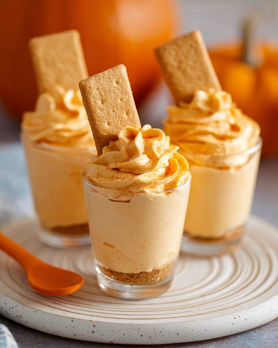 Three small clear glass cups each filled with two layers: a smooth, creamy, light orange mousse at the bottom and a swirled, slightly textured light orange mousse layer on top, forming soft peaks. Each cup has a single rectangular golden-brown graham cracker inserted vertically in the mousse. The cups are arranged on a white marbled textured round plate with subtle circular ridges, and an orange spoon rests beside the front glass. The background is blurred but shows an orange pumpkin. Photo taken with an iphone --ar 4:5 --v 7