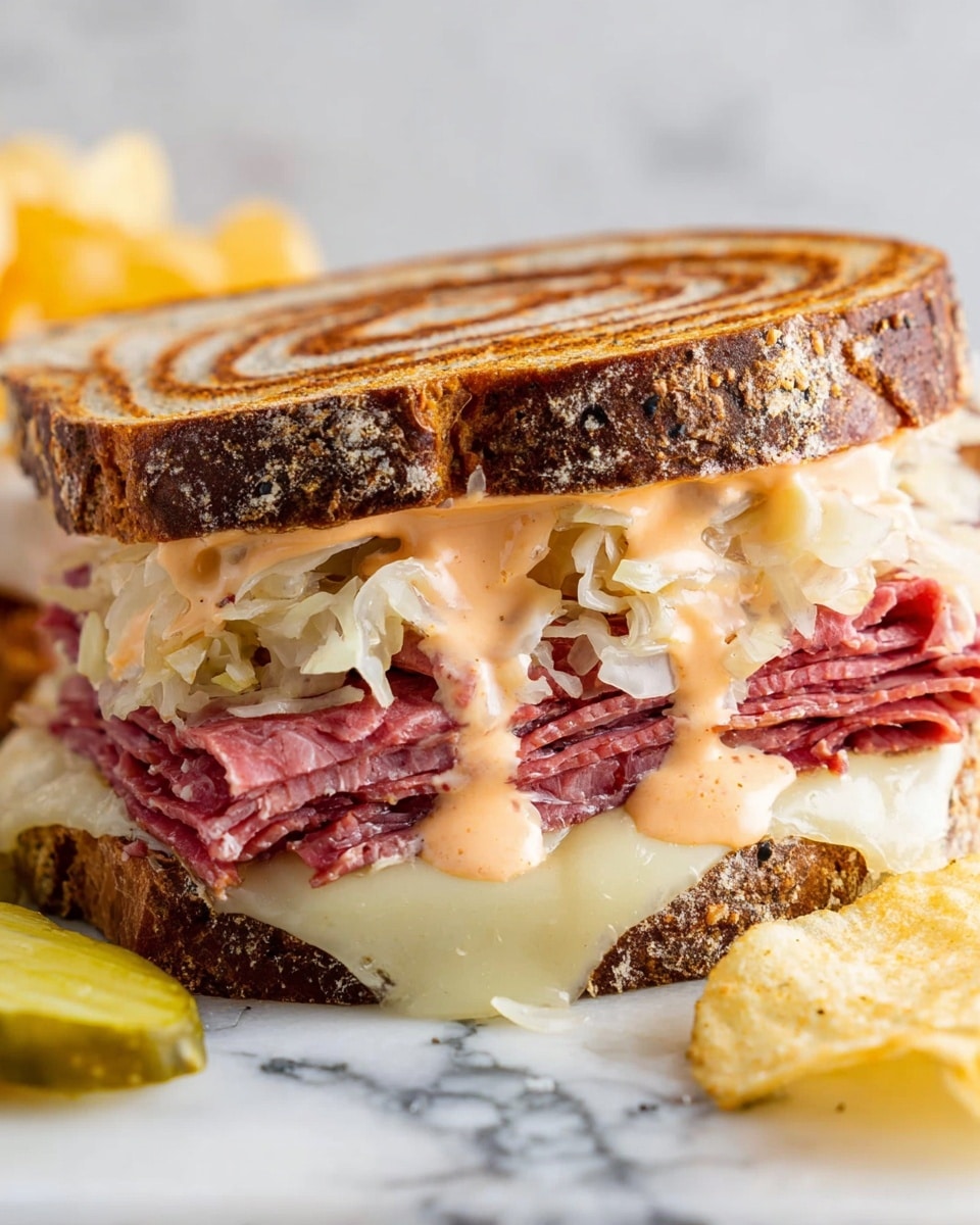 A sandwich with two slices of swirled rye bread, showing light and dark brown patterns on top and bottom layers; inside, there is a melted, off-white cheese layer at the base, followed by a thick layer of folded, pinkish-red sliced meat. Above the meat is a generous amount of light-colored sauerkraut, covered in a creamy, orange-pink sauce that drips slightly down the sides. The sandwich sits on a white marbled surface, with yellow potato chips and a green pickle on the side. Photo taken with an iphone --ar 4:5 --v 7