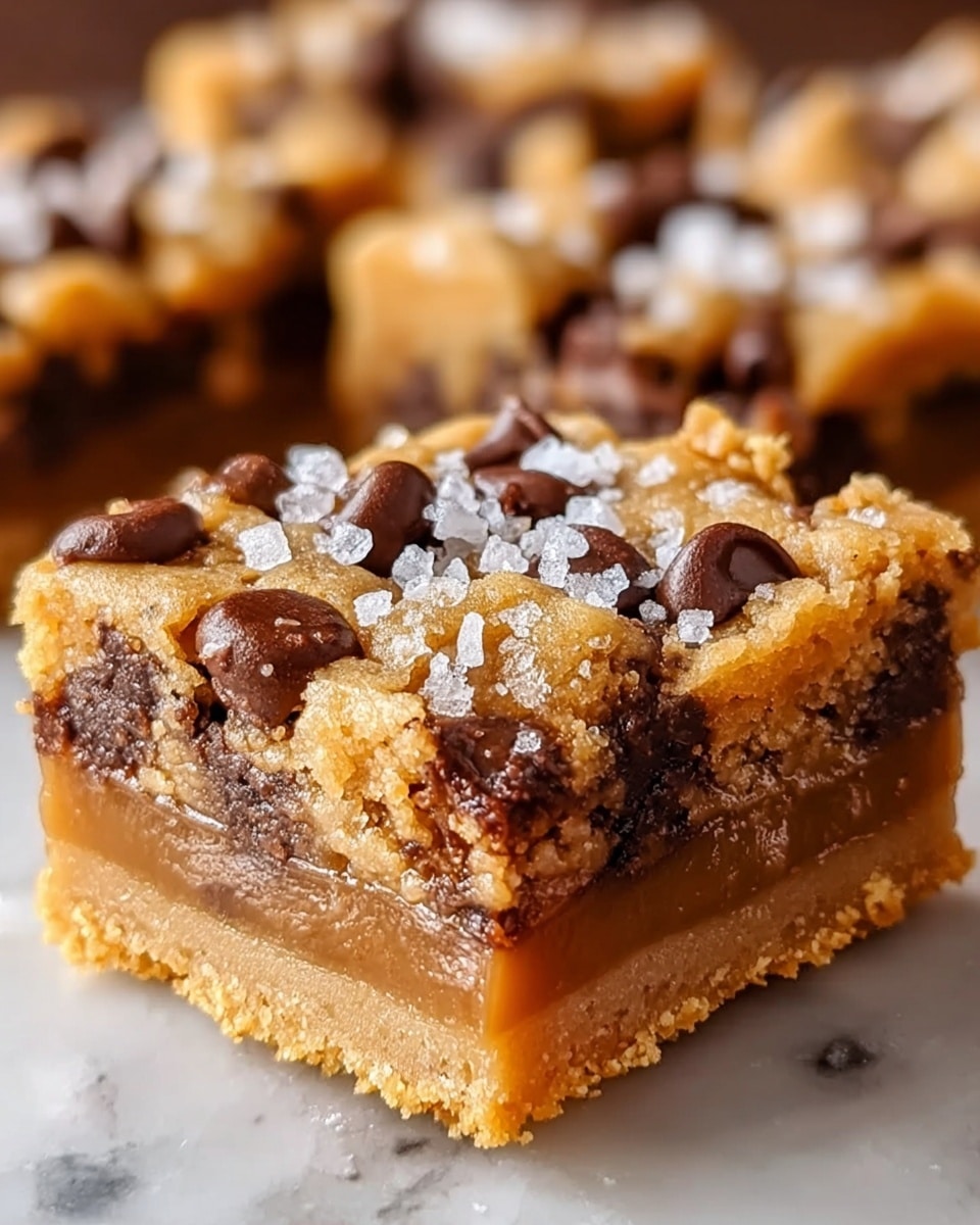 A close-up view of a square dessert bar with three visible layers: the bottom is a dense, crumbly golden brown crust, the middle layer is a smooth, shiny caramel-colored filling, and the top layer is a thick, chunky, golden brown cookie dough with dark chocolate chips embedded throughout and sprinkled with coarse sea salt. The bar sits on a white marbled surface with soft-focused similar bars in the background. photo taken with an iphone --ar 4:5 --v 7