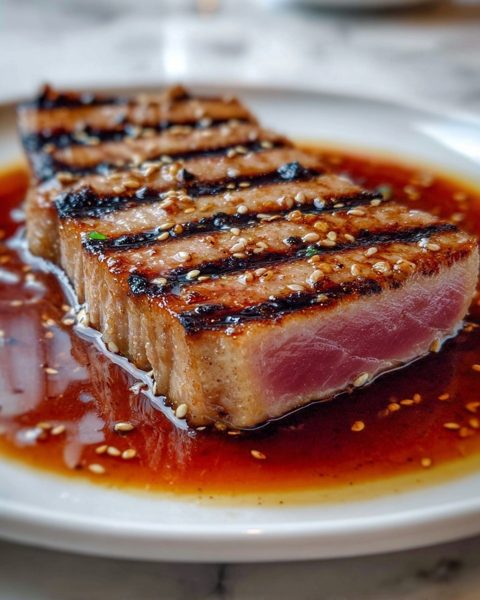 A thick, square piece of grilled salmon sits in the center of a white plate, its surface covered with dark brown, slightly charred grill marks and glistening with a shiny, rich glaze of sauce. The salmon's sides show a moist, pinkish-orange texture with specks of seasoning and a slight caramelized crust. The sauce pools around the base of the fish, amber in color, reflecting light and adding a glossy effect to the whole dish. The background features a soft-focused white marbled texture. photo taken with an iphone --ar 4:5 --v 7