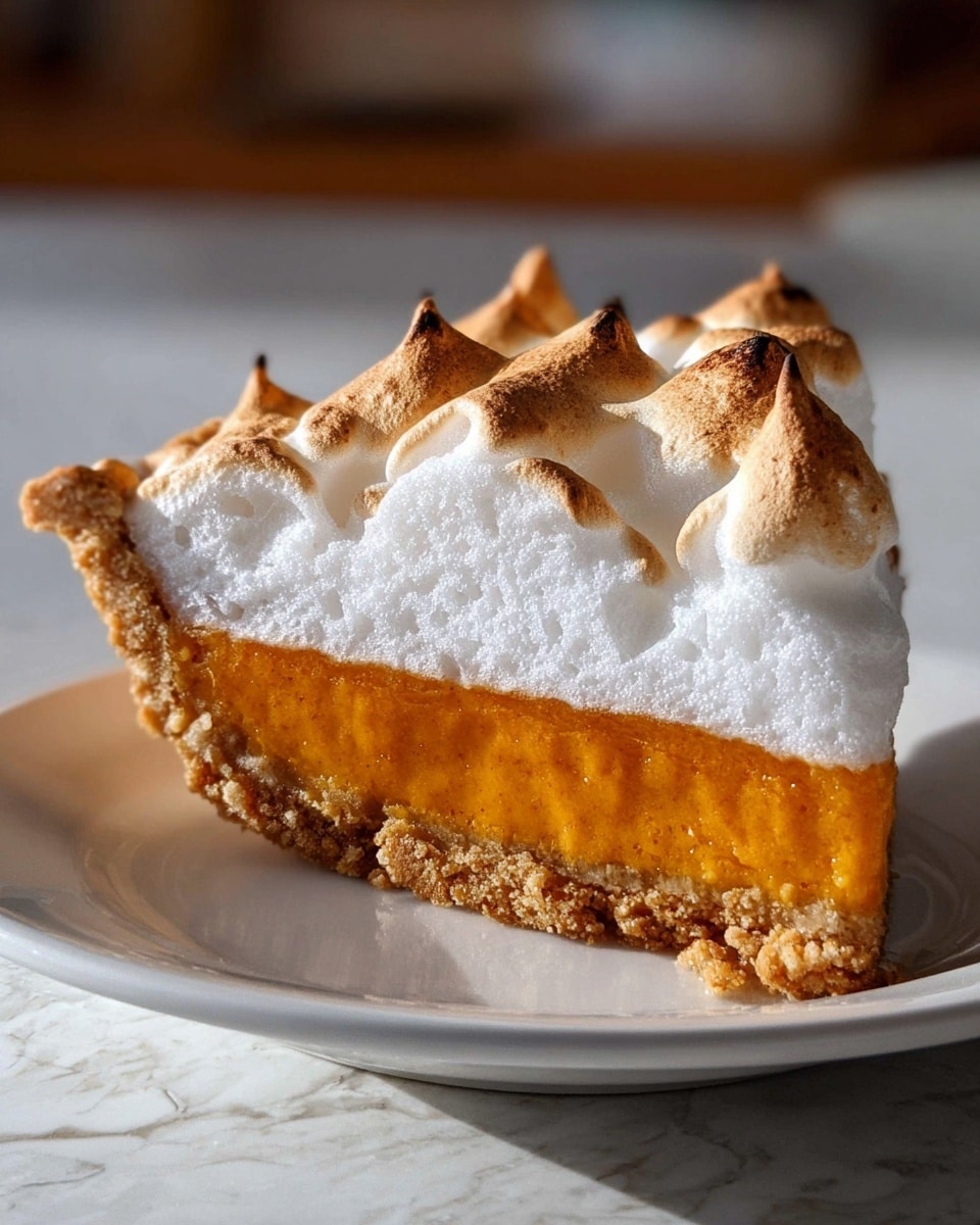 A slice of pie on a white plate sits on a white marbled surface. The pie has three layers: a light golden-brown crust at the bottom that looks crumbly, a thick middle layer of smooth, deep orange filling, and a fluffy white meringue topping with peaks that are toasted to a golden brown color. The toasted tips of the meringue have a slight shine and a soft texture. The background is softly blurred, giving focus to the pie slice. photo taken with an iphone --ar 4:5 --v 7