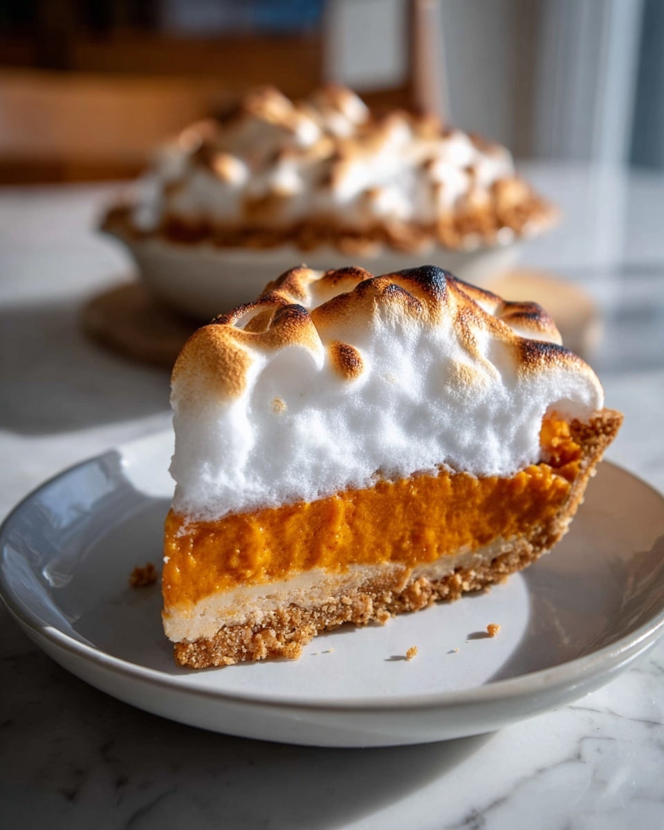 A slice of pie with three clear layers sits on a white plate placed on a white marbled surface. The bottom layer is a thin, light brown crust with a crumbly texture. Above it is a thick, orange filling that looks smooth and dense. The top layer is a thick, fluffy white meringue with a soft, airy texture and toasted brown spots giving a slightly charred look. Another pie with the same layers and textures is blurred in the background, giving depth to the photo. Warm light from the side highlights the textures and colors vividly. Photo taken with an iphone --ar 4:5 --v 7