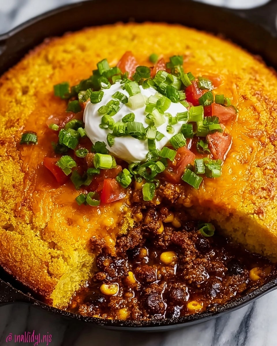 The dish is a deep skillet pie with three visible layers: the top layer is a golden-yellow cornbread that looks soft and slightly crumbly, the middle layer is bright orange melted cheese covering the cornbread, and the bottom layer is a dark, rich mixture of ground meat and corn with a juicy texture. On top of the cornbread, there is a dollop of white sour cream placed in the center, surrounded by chopped green onions and small pieces of red tomatoes, adding fresh green and red colors. The skillet sits on a white marbled surface. photo taken with an iphone --ar 4:5 --v 7