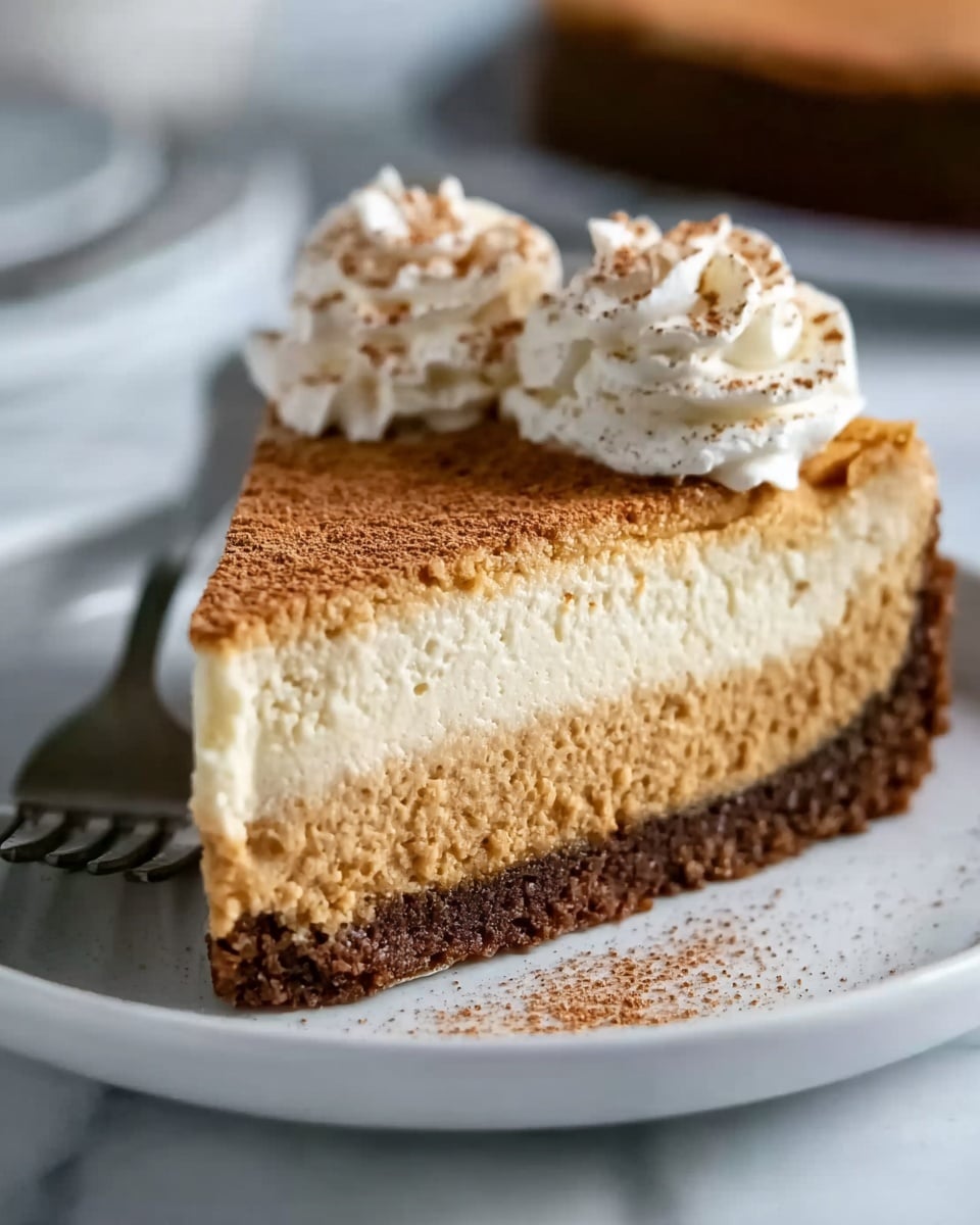 The image shows a slice of pie on a white plate placed on a white marbled surface. The pie has three visible layers: a dark brown crumbly crust at the bottom, a thick light beige filling in the middle with a smooth texture, and a golden brown top layer with a crumbly texture sprinkled lightly over it. On top of the pie slice, there is a swirl of white whipped cream sprinkled with a dusting of cinnamon, accentuating the dessert's appeal. In the background, a blurred silver fork rests on the white plate. photo taken with an iphone --ar 4:5 --v 7