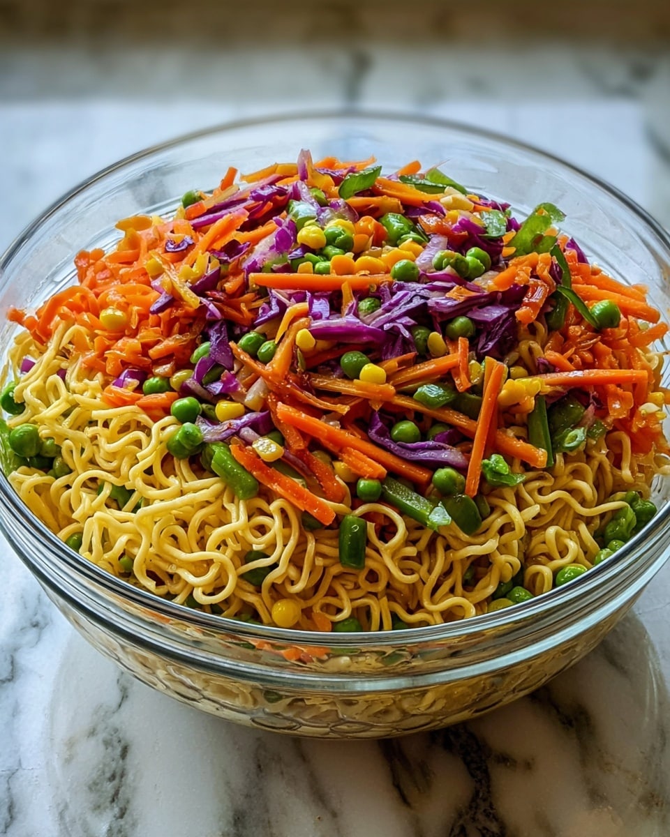 The image shows a clear glass bowl filled with a colorful noodle salad placed on a white marbled surface. The salad has three visible layers: the bottom layer has light yellow noodles mixed with green peas and small carrot sticks, the middle layer shows a mix of curly yellow noodles intertwined with bright orange carrot slices and purple cabbage pieces, and the top layer is a vibrant mix of more curly noodles, larger carrot sticks, green peas, and bits of purple cabbage, creating a fresh and textured look. The noodles are wavy and soft-looking, while the vegetables add a crisp and fresh contrast. The photo taken with an iphone --ar 4:5 --v 7