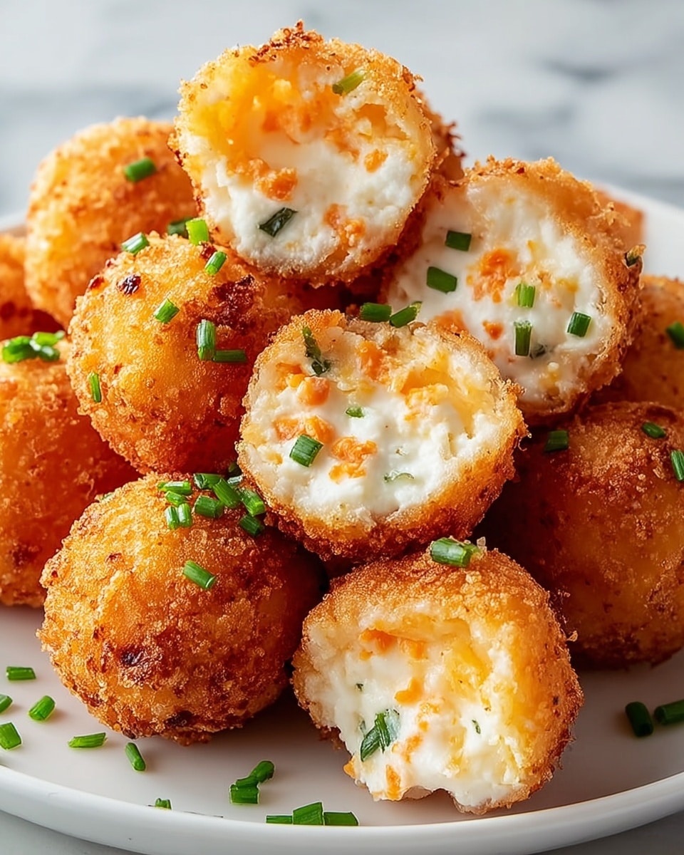 A close-up view of round, golden brown crispy fried cheese balls piled on a white plate, each ball having a crunchy outer layer with a slightly bumpy texture. The inside of the cheese balls shows a creamy white filling mixed with small bits of orange (likely carrots) and green herbs, giving a fresh contrast to the crispy shell. Small pieces of chopped green onions are scattered on top and around the cheese balls, adding a pop of green color. The plate sits on a white marbled surface, highlighting the warm tones of the food. Photo taken with an iphone --ar 4:5 --v 7