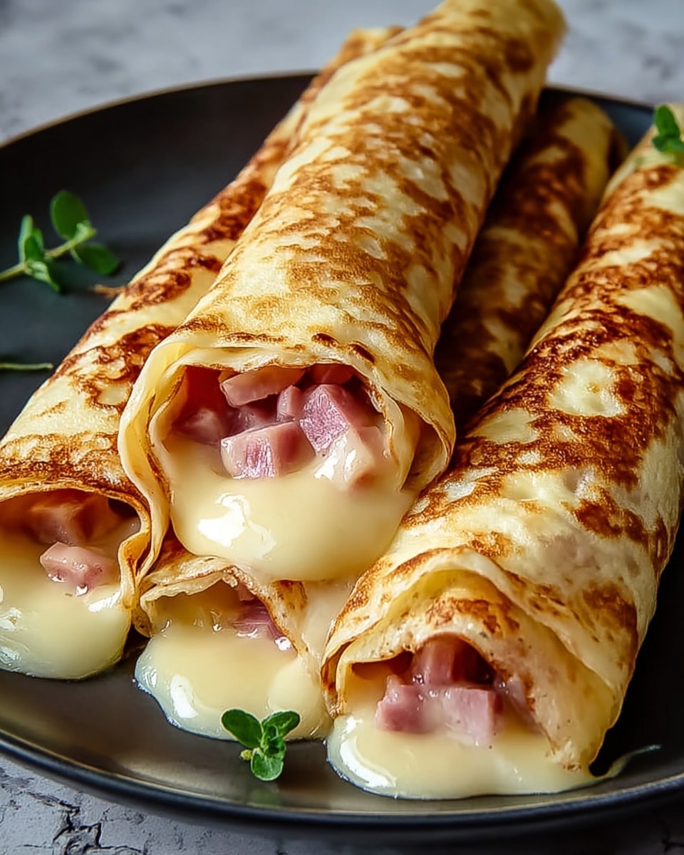 Three folded crepes are placed on a white plate, each filled generously with melted yellow cheese and pink ham cubes, visible through the crepe openings. The golden-brown crepe surface shows crispy, uneven spots with some darker toasted areas. The filling looks creamy and gooey, with cheese pulling slightly at the edges. Small green herb bits garnish the top crepes lightly. The plate sits on a white marbled texture. photo taken with an iphone --ar 4:5 --v 7