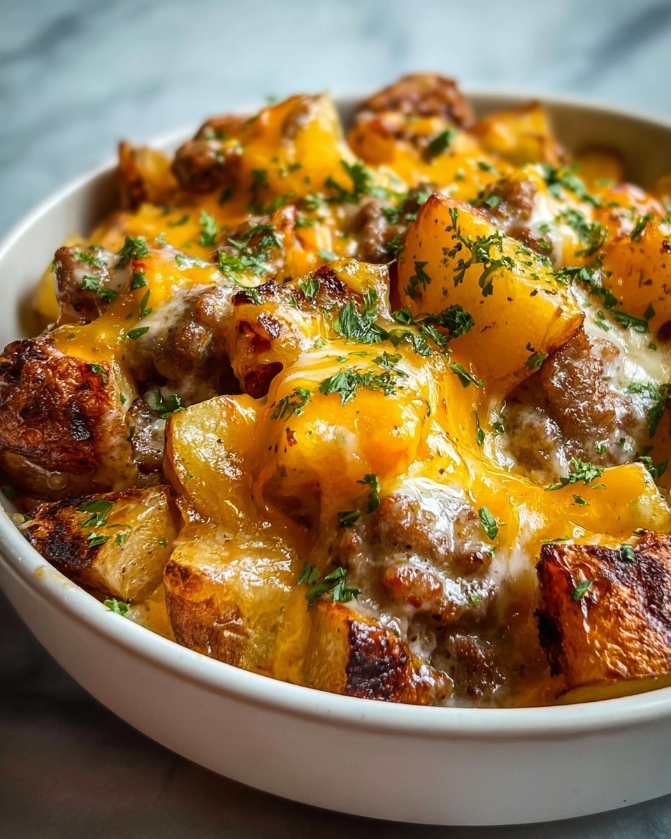 The dish shows a close-up of a white bowl filled with layers of golden-brown roasted potatoes and browned chunks of sausage. The potatoes have a crispy texture on the edges with soft insides, while the sausage pieces are juicy and slightly charred. Melted cheddar cheese, with its bright orange and creamy white colors, generously covers the potatoes and sausage, melting smoothly into the layers. Fresh green parsley is scattered on top, adding a fresh color contrast. The background has a soft, blurred white marbled texture. photo taken with an iphone --ar 4:5 --v 7
