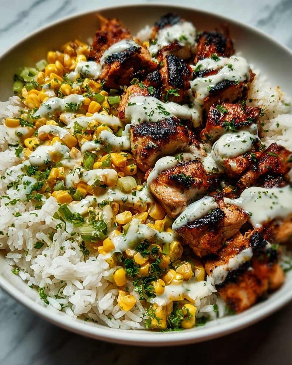 A white bowl filled with a base layer of fluffy white rice, topped with golden grilled chicken pieces that have charred spots, bright yellow corn kernels on one side, and slices of fresh green avocado on the opposite side. The chicken is covered with a creamy white sauce sprinkled with small red bits and fresh green herbs. The bowl sits on a white marbled background. Photo taken with an iphone --ar 4:5 --v 7
