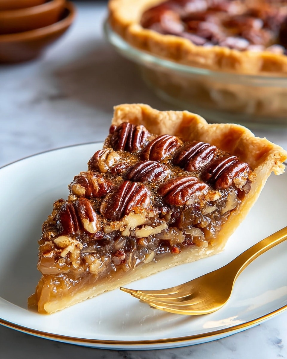A slice of pecan pie on a white plate with a thin golden rim, showing three main layers: a light golden flaky crust at the bottom and edges with a crimped border, a shiny, gooey amber filling with visible pecan pieces inside, and a top layer of whole glossy toasted pecans arranged closely together. The slice is positioned so the pointed end faces slightly left with a golden fork on the right side of the plate. The plate sits on a surface with white marbled texture and a pie dish with more pie is blurred in the background. Photo taken with an iphone --ar 4:5 --v 7