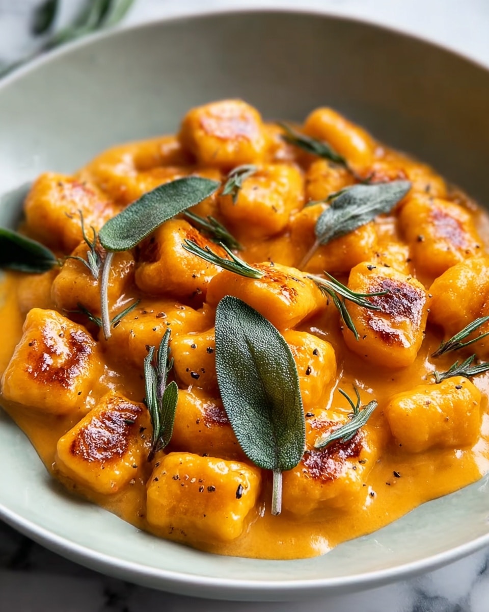 A white bowl filled with one layer of bright orange gnocchi pieces covered in a smooth orange sauce, each gnocchi piece has a golden brown sear on top, scattered fresh green sage leaves rest on top of the gnocchi adding texture and contrast, the overall look is warm and juicy with a soft shine on the sauce, the bowl sits on a white marbled surface. photo taken with an iphone --ar 4:5 --v 7