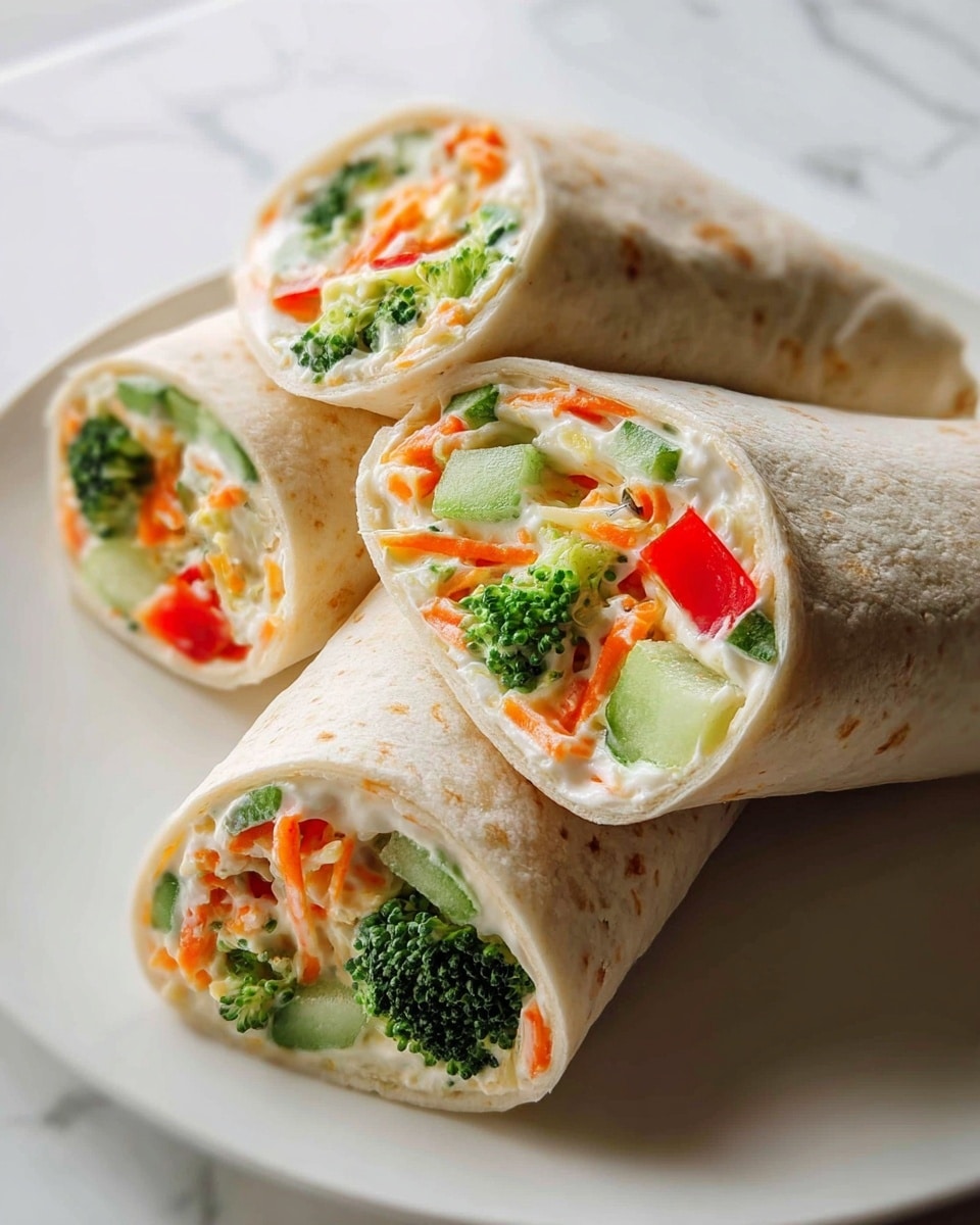 The image shows three rolled tortillas cut in half and placed close together on a white plate. Each tortilla wrap has three visible layers: a soft, light beige tortilla wrap on the outside, a creamy white spread inside, and a mix of fresh, colorful vegetables embedded in the creamy layer. The vegetables include bright green broccoli florets, light green celery pieces, thin orange carrot shreds, and small red bell pepper bits, all giving the wraps a fresh and vibrant look. The white plate is set on a white marbled surface. photo taken with an iphone --ar 4:5 --v 7