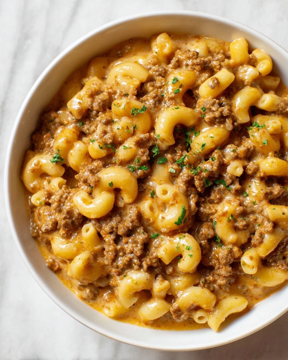 A close-up view of a white bowl filled with creamy pasta and ground meat mixture. The dish has one main layer of curved elbow macaroni with a soft yellow color, coated in a thick, light brown sauce mixed with finely crumbled cooked ground meat. Small bits of green herbs are sprinkled on top, adding a touch of color and texture. The sauce looks creamy and rich, slightly pooling at the bottom edge of the bowl. The bowl sits on a white marbled surface. photo taken with an iphone --ar 4:5 --v 7