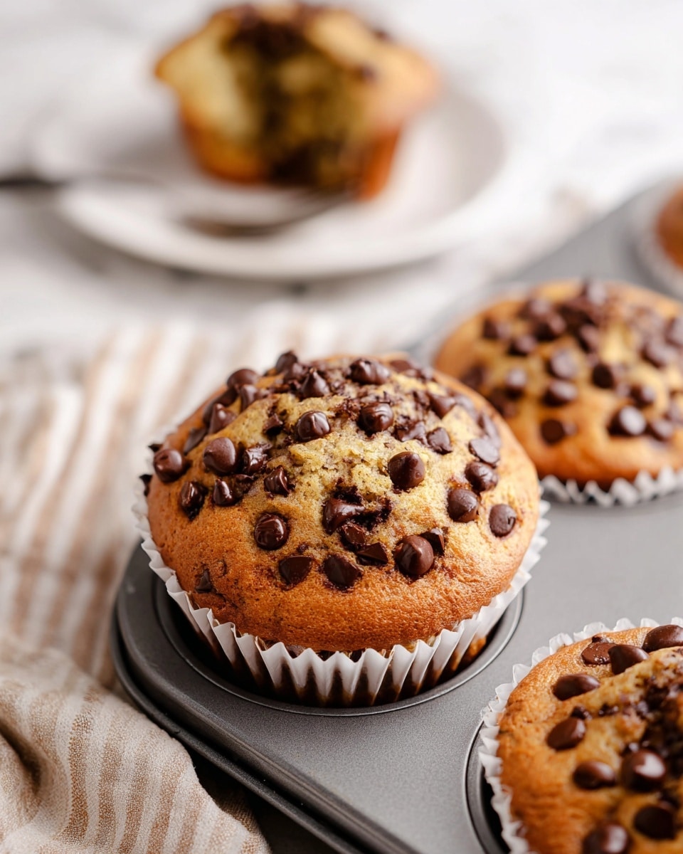 The image shows a close-up of a golden-baked chocolate chip muffin held in a white paper liner inside a gray muffin tin. The muffin's top is cracked and filled with many dark brown, shiny chocolate chips, giving a textured look. In the blurry background, there is a white plate with a piece of chocolate chip muffin, showing the inside with more melted chocolate chips. The setting includes a soft, beige-striped cloth next to the muffin tin, all set on a white marbled surface. photo taken with an iphone --ar 4:5 --v 7