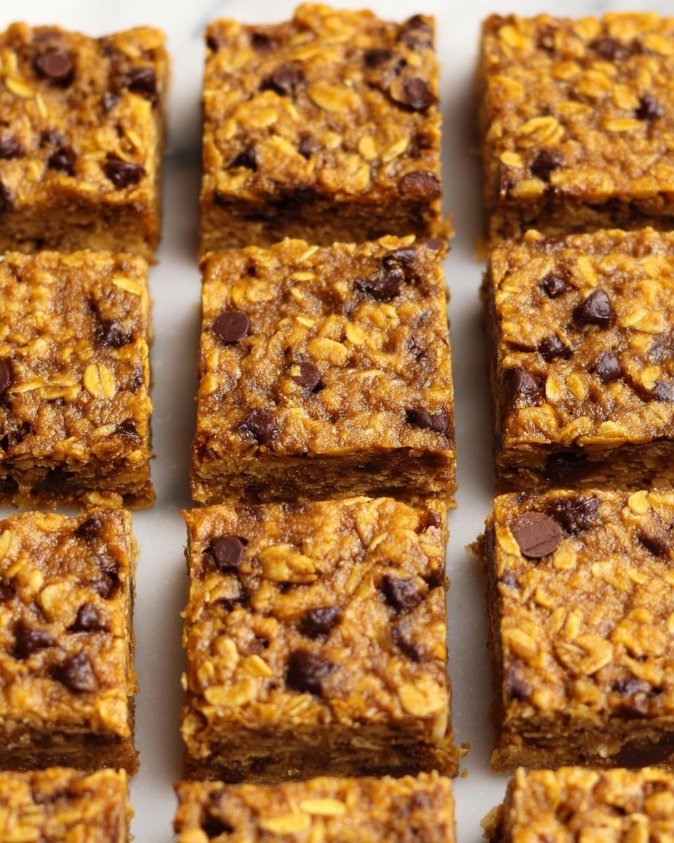 The image shows several square bars of oat and chocolate chip treats arranged closely in rows on a white marbled surface. Each bar is a thick single layer, golden brown in color with visible oats and small dark chocolate chips spread evenly throughout. The texture looks soft and slightly crumbly, with a rough top surface. The bars are uniform in size, neatly cut with straight edges, and the lighting highlights their detailed textures. photo taken with an iphone --ar 4:5 --v 7