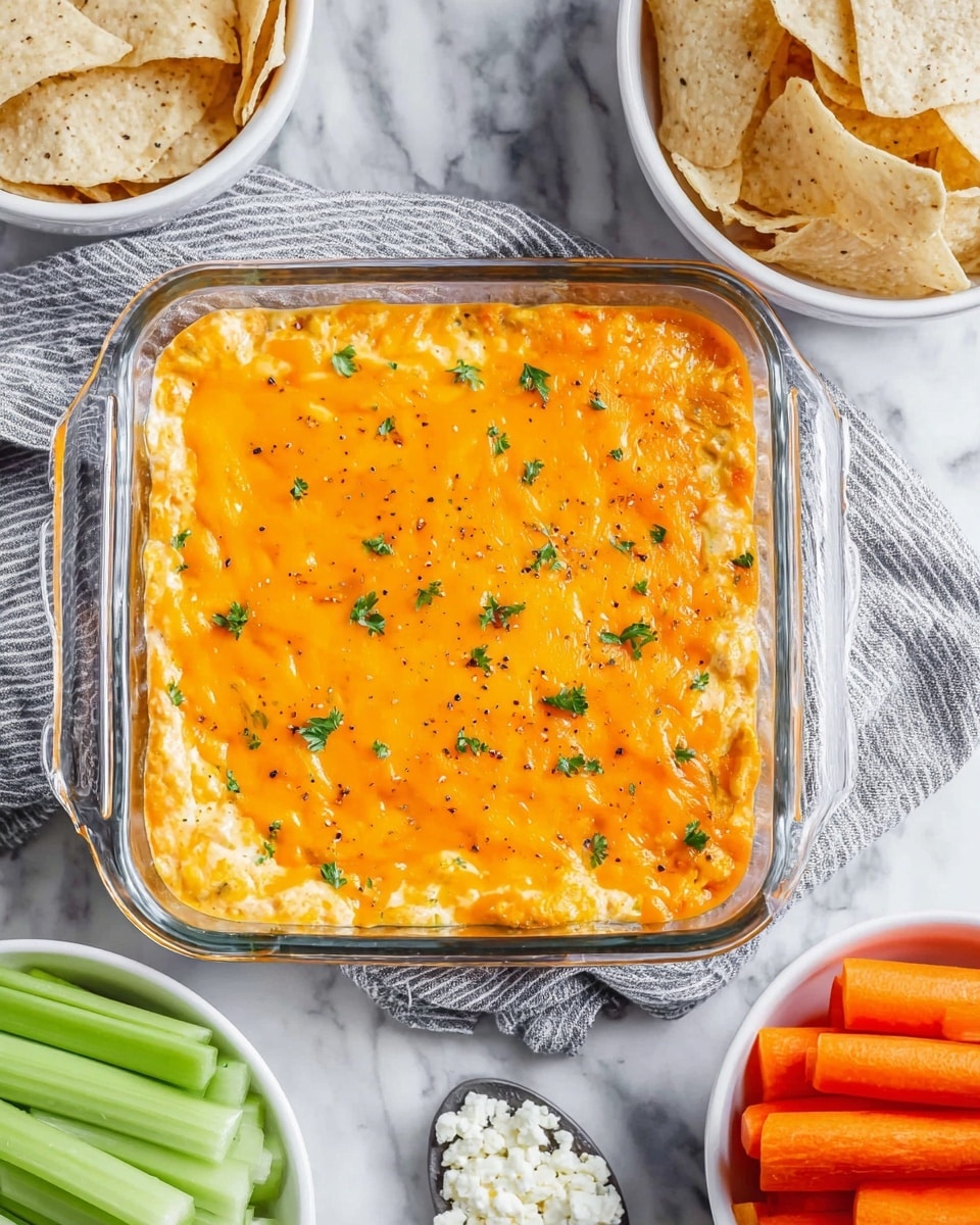 A clear glass square dish filled with three layers: the bottom layer is creamy and appears to be a chicken or bean mix; the middle layer is bright orange melted cheddar cheese; the top layer is sprinkled with small green parsley leaves and black pepper. Surrounding the dish are a white bowl of tortilla chips, a white bowl of baby carrots, a white bowl of celery sticks, and a metal spoon holding some crumbled white cheese. The setting is on a white marbled texture with a gray striped cloth partially visible under the dish. photo taken with an iphone --ar 4:5 --v 7
