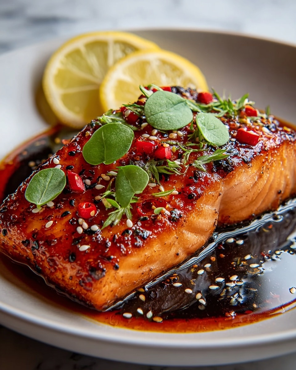 A thick piece of cooked salmon sits in the center of a white plate, covered with a shiny, reddish-orange glaze speckled with black char marks. Small bright red chili pieces, white sesame seeds, and green leaves are scattered on top of the fish. Behind the salmon, two lemon wedges add a light yellow color, while a dark sauce pools around the base of the fish, reflecting light and showing sesame seeds floating in it. The plate rests on a white marbled surface. photo taken with an iphone --ar 4:5 --v 7