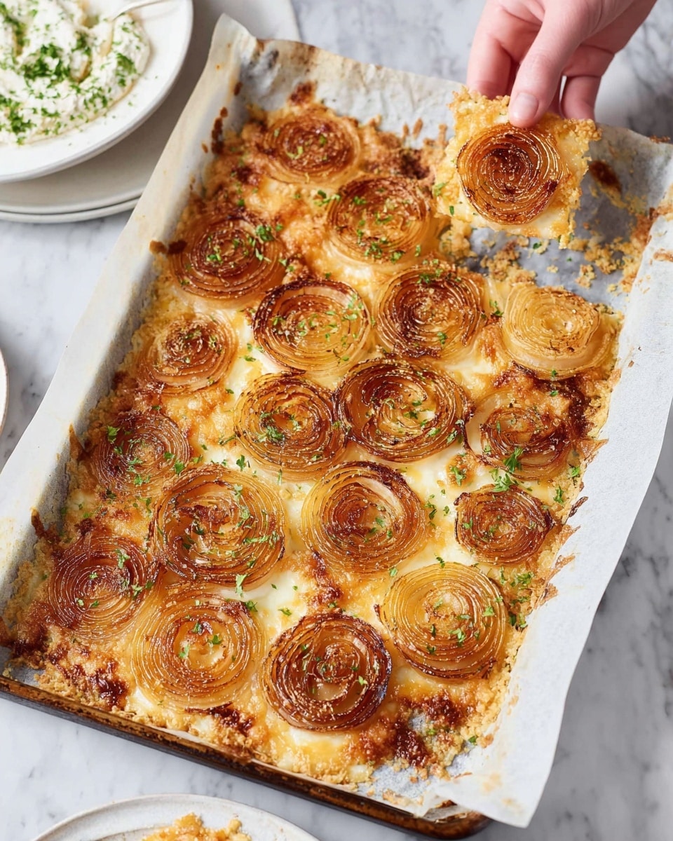 A baking tray lined with white parchment paper holds a sheet of crispy baked cheese topped with large golden-brown onion slices, each onion ring showing clear layers and a slightly charred edge. The cheese forms an irregular, crunchy-looking base with bubbling browned spots around the onion circles. The whole sheet is cut into square pieces, and a woman's hand is lifting one square, showing the thin, crispy texture underneath. Some green herbs are lightly sprinkled over the onions and cheese for color contrast. A white bowl with a creamy dip garnished with green herbs and a white plate with traces of sauce rest on a white marbled surface in the background. Photo taken with an iphone --ar 4:5 --v 7