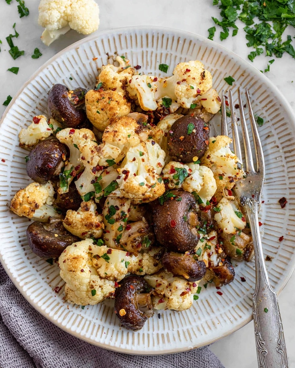 A frying pan filled with cooked mushrooms and cauliflower pieces, both showing a light brown and golden texture from sautéing, mixed evenly throughout. The mushrooms are whole and dark brown, while the cauliflower florets are small, white with hints of golden crisp. Finely chopped green herbs are sprinkled on top, adding fresh green spots. The pan has a speckled dark interior and a silver handle, placed on a white marbled surface with a beige and white striped cloth partially visible in the back. A few loose mushrooms sit near the front edge of the pan. photo taken with an iphone --ar 4:5 --v 7