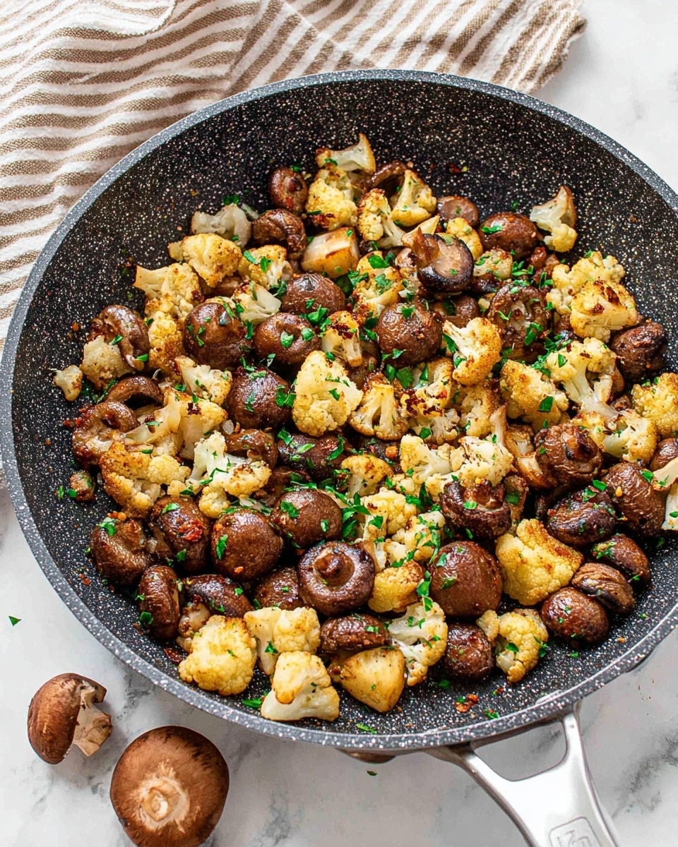 A white plate with a light patterned texture holds a serving of roasted cauliflower and whole brown mushrooms, lightly browned and seasoned with red pepper flakes and fresh chopped green herbs scattered on top. The cauliflower pieces are creamy white with a slightly crispy look and are mixed evenly with the dark brown, shiny mushrooms. A silver fork rests on the right side of the plate, partly under some cauliflower, all placed on a white marbled surface with some scattered green herbs and a small cauliflower piece nearby. photo taken with an iphone --ar 4:5 --v 7