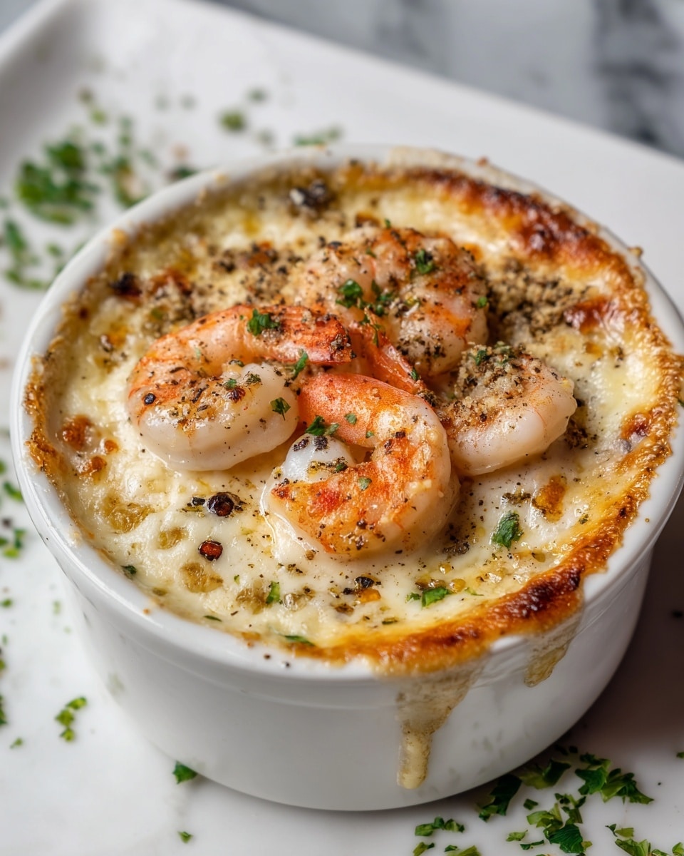 A white ceramic ramekin holds a creamy dish topped with a golden-brown crust. The crust is thick and slightly cracked on one side, revealing the creamy interior beneath. On top, five shrimp with white and orange pink colors sit partially sunken into the creamy sauce, sprinkled with small bits of black pepper and green herbs. The background shows a white marbled texture with some scattered green herbs around the ramekin. photo taken with an iphone --ar 4:5 --v 7