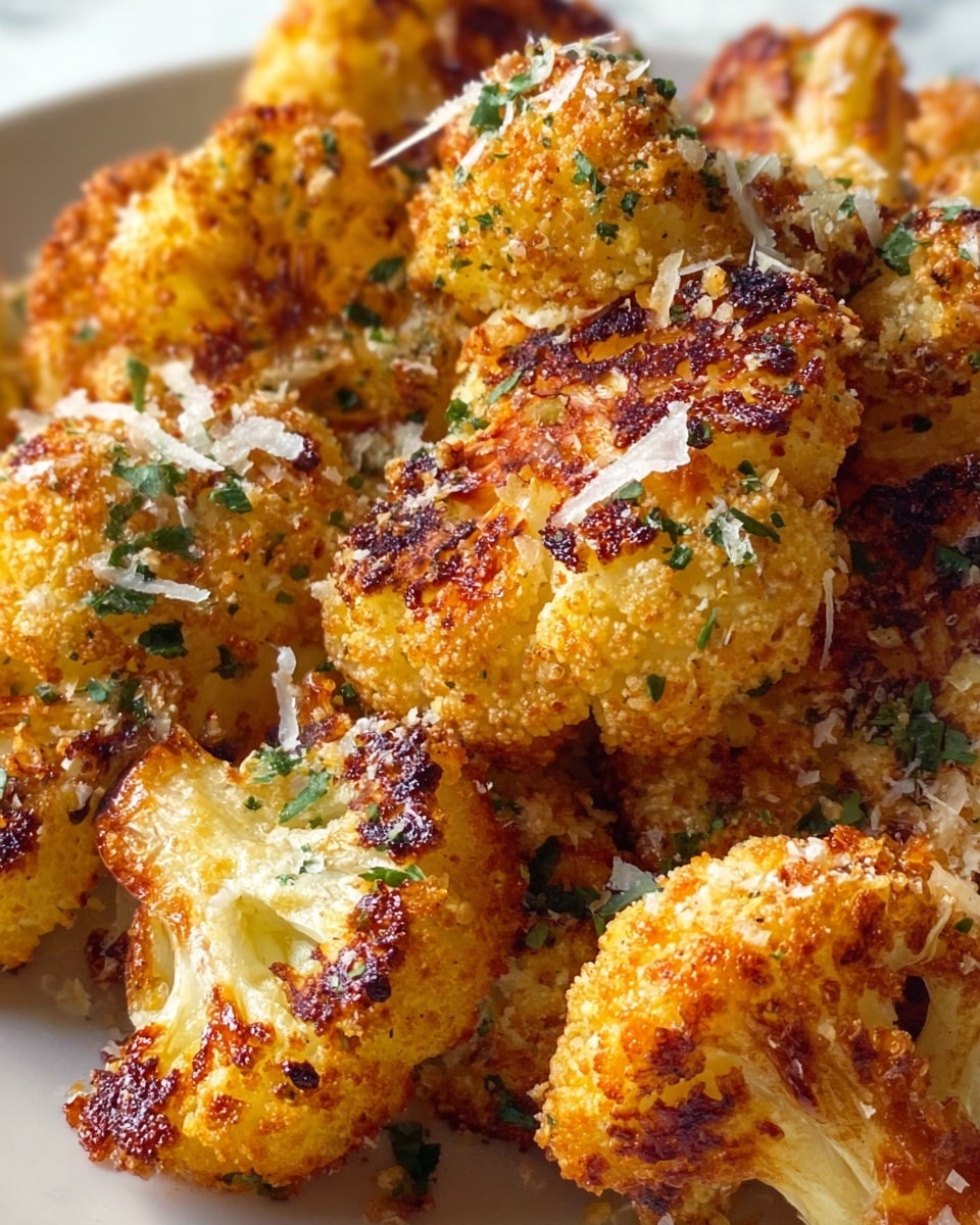 The image shows a close-up of golden-brown roasted cauliflower florets with a crispy texture. Each floret appears to be coated in a crunchy breading with visible bits of green herbs and small shreds of white cheese sprinkled on top. The florets are densely packed, showcasing charred edges and a slightly rough surface that highlights the roasted effect. The background is a white marbled texture, which contrasts with the warm, toasted colors of the cauliflower. photo taken with an iphone --ar 4:5 --v 7