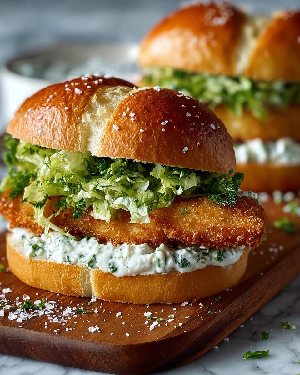 The image shows a sandwich with three main layers inside a golden brown, slightly shiny bun sprinkled with coarse salt; at the bottom, there is a thick spread of white creamy sauce with green herbs mixed in, topped by a large, crispy, golden-brown breaded fried fish fillet that extends beyond the bun edges, followed by a generous layer of fresh, bright green chopped lettuce on top, all held between the top and bottom halves of the bun. The sandwich rests on a wooden board with some salt scattered around, and another similar sandwich is blurred in the background, all set against a white marbled texture. Photo taken with an iphone --ar 4:5 --v 7