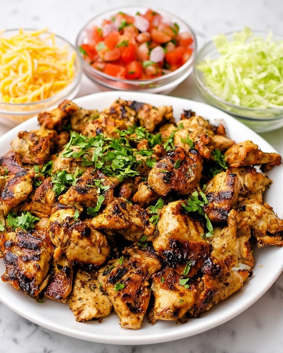 The image shows a white plate filled with grilled chicken pieces that are golden brown with some dark char marks, garnished with fresh green herbs scattered on top. Behind the plate are three small clear bowls placed side by side on a white marbled surface, containing shredded pale yellow cheese in the middle, finely chopped red tomatoes with bits of green on the left, and thinly sliced light green lettuce on the right. The chicken pieces fill most of the plate’s center and front, with the bowls neatly arranged at the back. Photo taken with an iphone --ar 4:5 --v 7