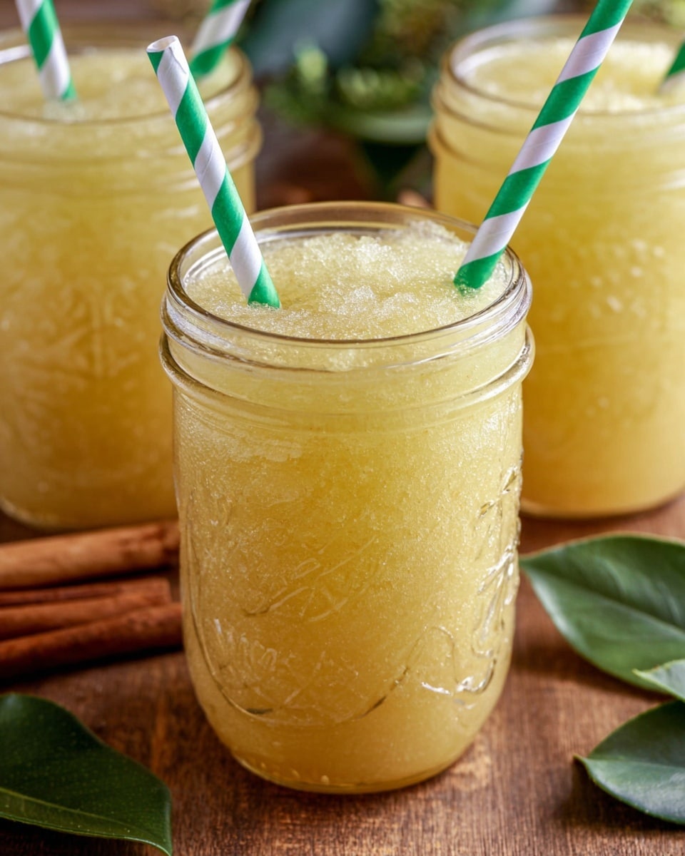 The image shows three clear glass jars filled with a light yellow slushy drink, with a close-up focus on the front jar. Each jar is fully filled with the icy, slightly grainy textured liquid, topped smoothly at the rim. A white paper straw with green diagonal stripes is inserted in the center of each drink. The jars have an embossed fruit design on the outside. They are placed on a brown wooden surface with green leaves and a cinnamon stick around them. The background is softly blurred, highlighting the drinks. photo taken with an iphone --ar 4:5 --v 7