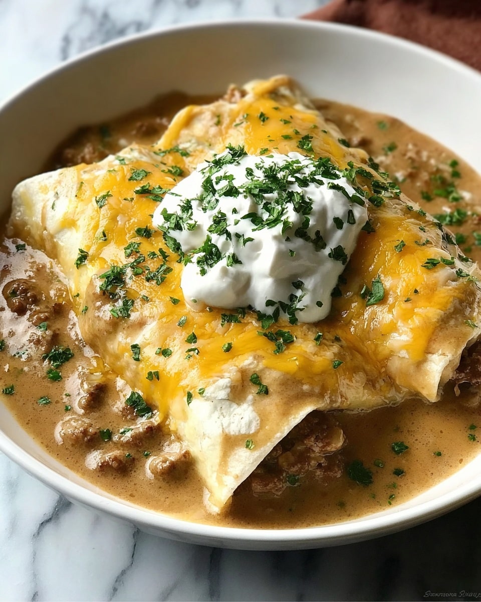 A white bowl holds two rolled tortillas covered in melted yellow and white cheese, topped with a dollop of white sour cream sprinkled with green chopped herbs, and surrounded by a creamy sausage gravy with visible browned sausage pieces; the background is a white marbled texture. Photo taken with an iphone --ar 4:5 --v 7