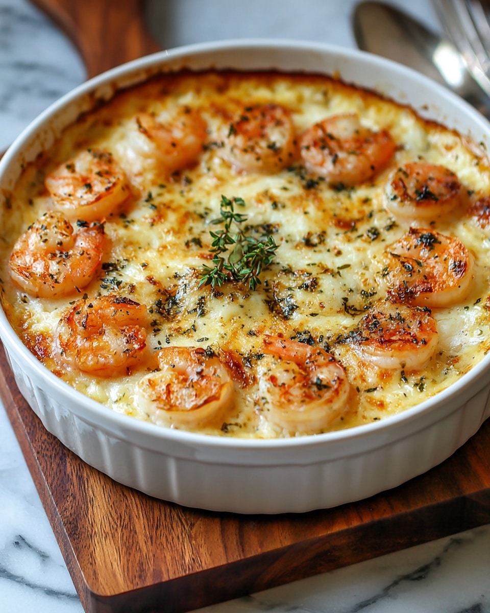 A white round baking dish filled with a creamy baked shrimp casserole. The top layer is melted golden cheese with browned edges and herbs sprinkled all over. On this cheese layer are evenly spaced cooked shrimp that are a pinkish-orange color with a slight char. A small green herb sprig sits on top as decoration. The dish rests on a wooden board, with a white marbled surface underneath. Photo taken with an iphone --ar 4:5 --v 7