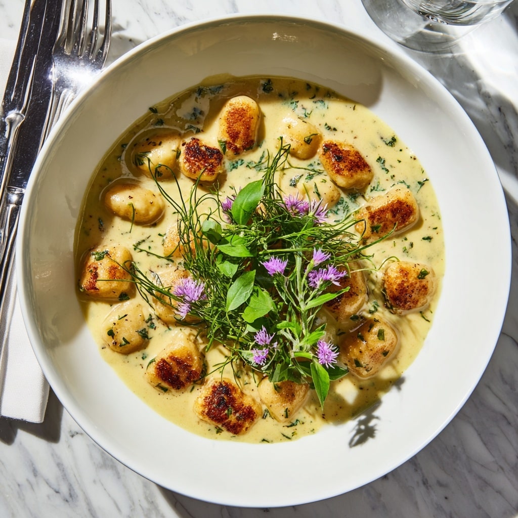 A white deep plate holds a creamy sauce with small, golden-brown seared gnocchi pieces evenly spread in the sauce. The sauce is pale yellow and thick with visible small green herb bits throughout. In the center of the plate, a small bunch of fresh green herbs and tiny purple flowers are placed on top as decoration. The plate rests on a white marbled surface with a fork and knife partly visible nearby. The sunlight highlights the textures and colors clearly. photo taken with an iphone --ar 4:5 --v 7