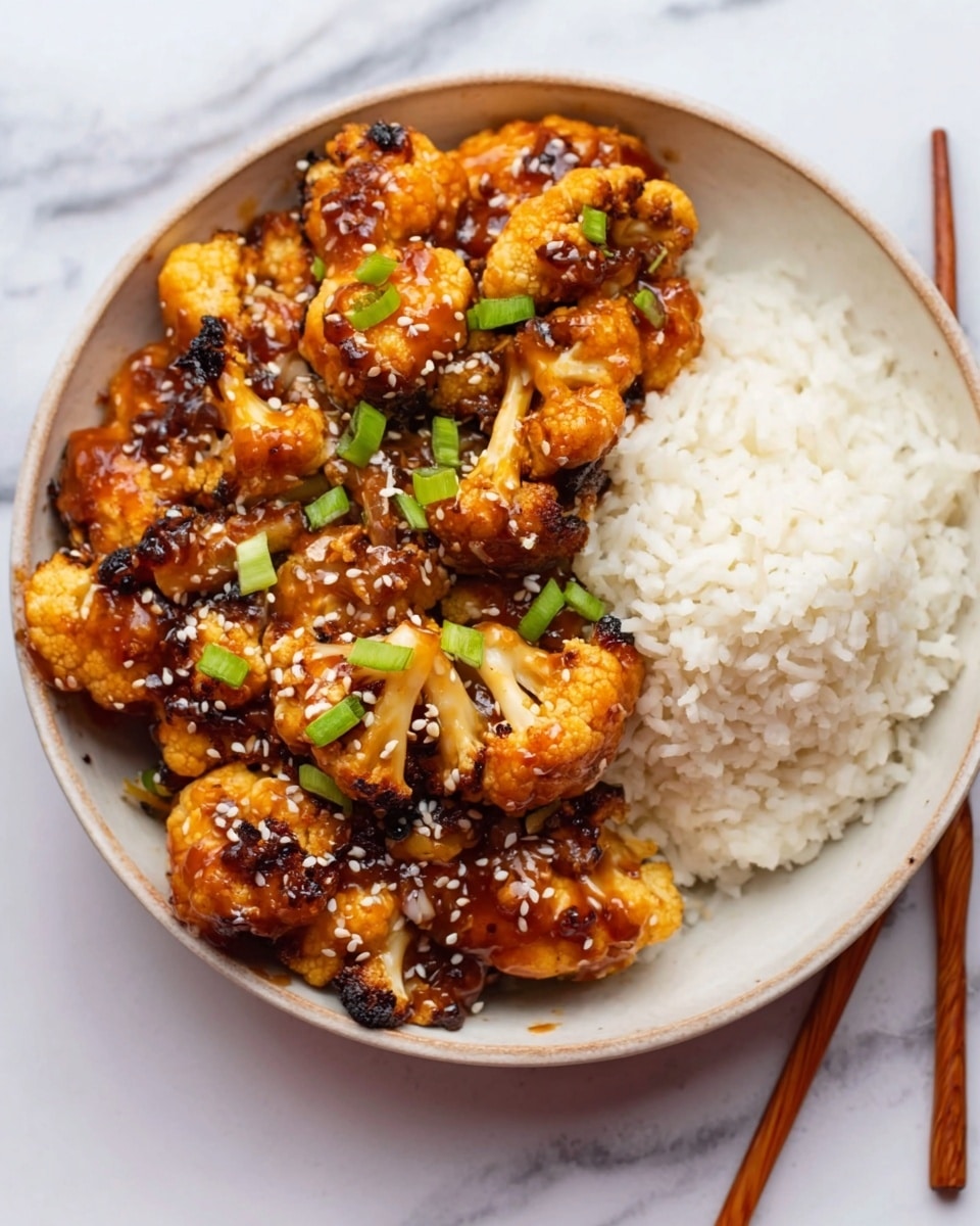 The dish shows small roasted cauliflower pieces stacked in one layer on the left side of a white bowl, coated with a shiny dark orange sauce, and sprinkled with white sesame seeds and small green onion bits. On the right side, a neat mound of plain white rice fills the rest of the bowl. The bowl sits on a white marbled surface, with a pair of chopsticks placed to the right. Photo taken with an iphone --ar 4:5 --v 7